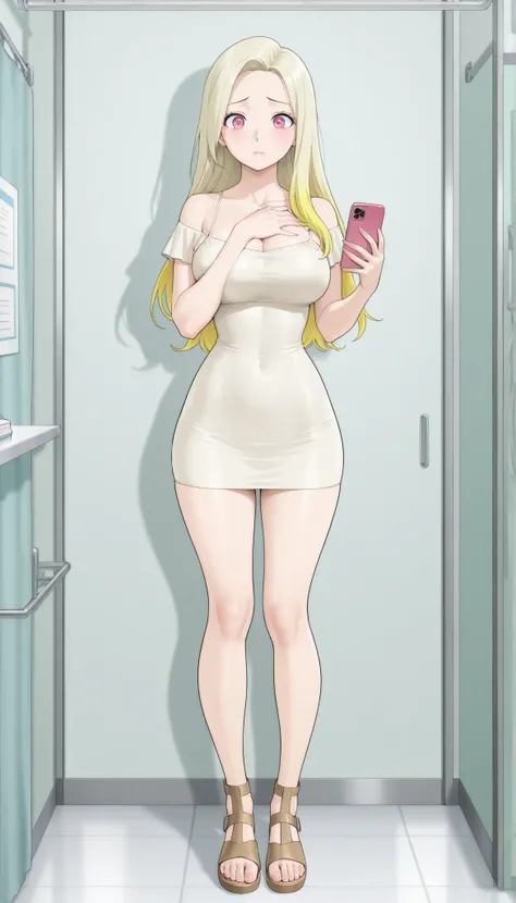 A mature extremely beautiful woman with straight long yellow-blond hair, extremely fair white natural skin, big pink eyes, red plump glossy lips, a small waist, medium-sized breasts, and a perfect slim yet curvy body. She's only wearing a mini tight skimpy...