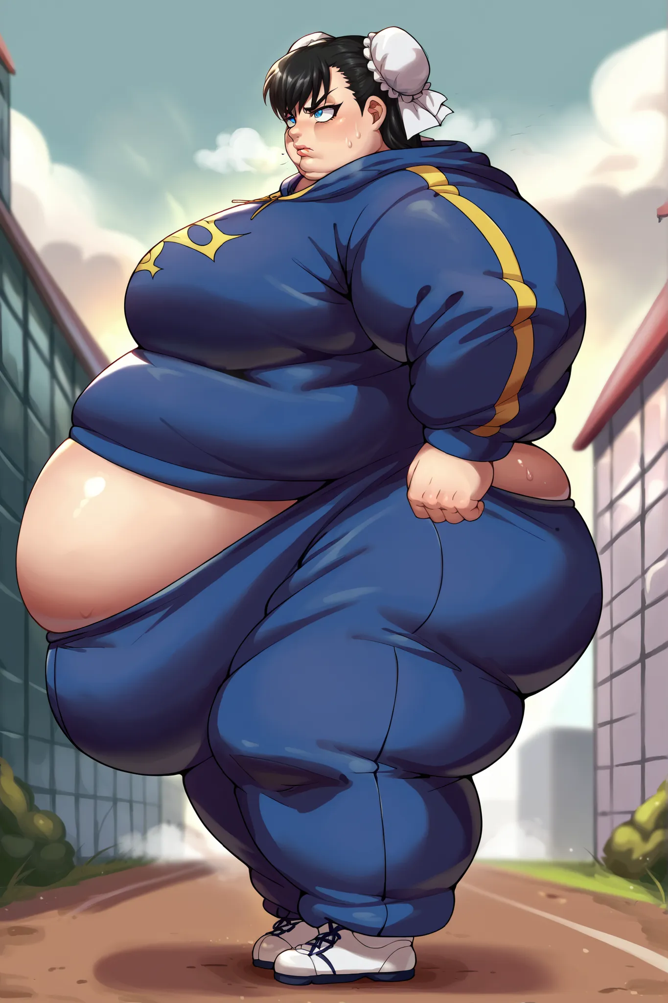 score_9, score_8_up, score_7_up, source_anime, xuelan, blue eyes, black hair, hair bun, double bun, bun cover, sweater, hoodie, sweatpants, shoes, giant hands, giant feet, fat, chubby, obese, gigantic arms and legs, gigantic breasts, sagging breasts, full...
