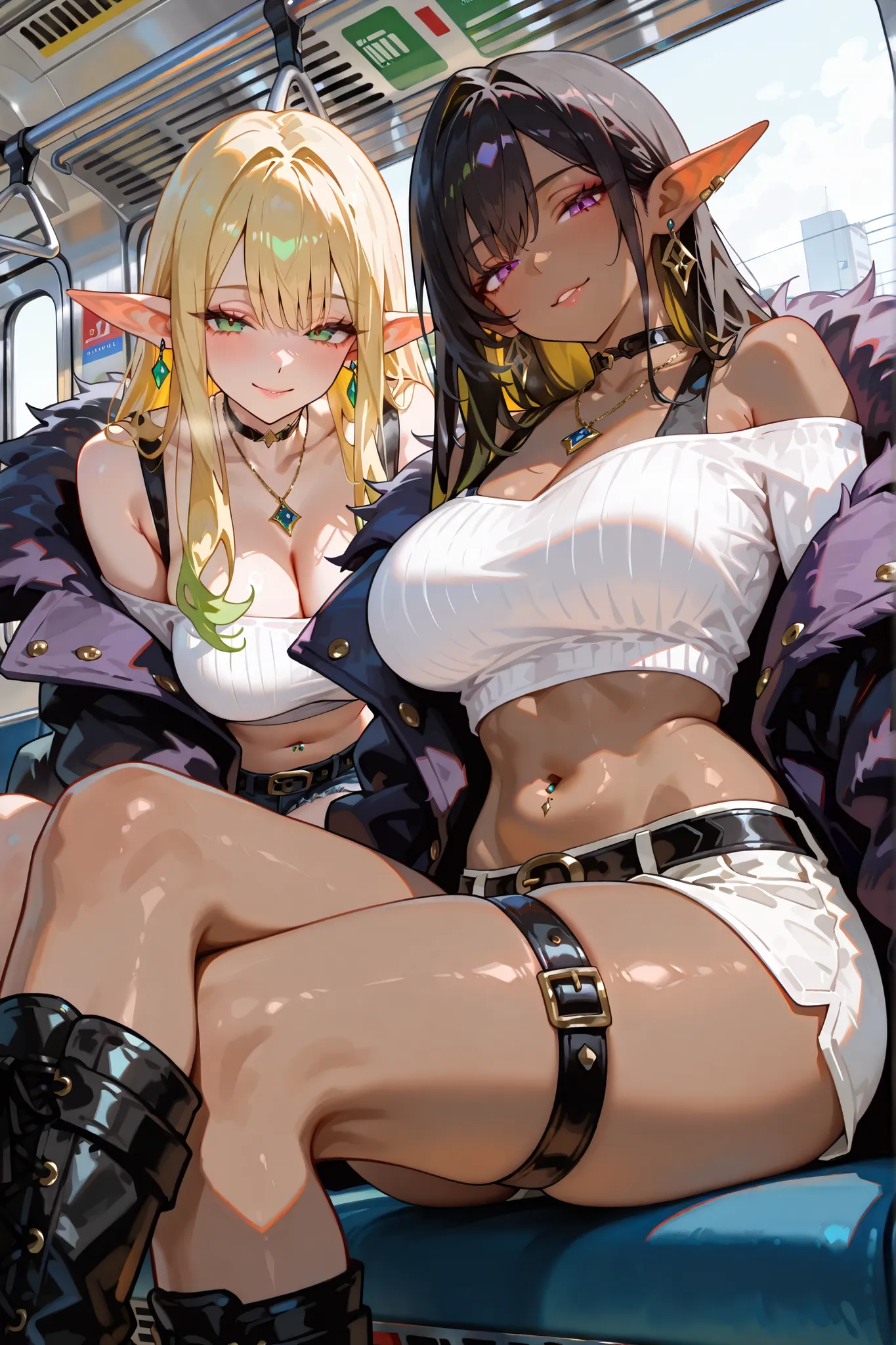 (SuperQuality:1.0) ~ (SuperQuality:1.2), detailxl, 2girl, duo High Resolution, Best Quality, High Details, Super Detailed, Mature, Twins, Elfs, Yellow Hair with normal skin and green eyes large breasts, Black hair with brown skin and purple eyes large brea...