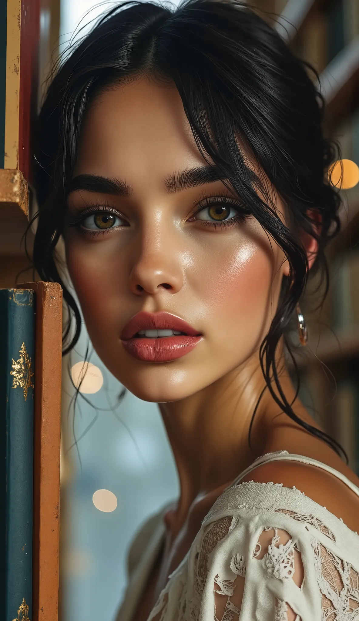 Realistic (photorealistic Realism), (high resolution), ((intricately detailed digital art)), professional low coloured and contrast photography a close-up portrait of a young woman in the library with many books and a playful expression, showcasing her sty...