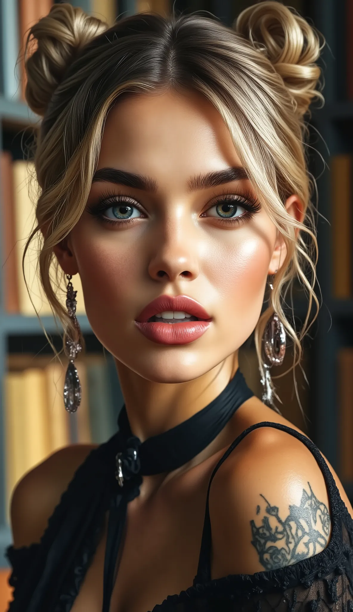 Realistic (photorealistic Realism), (high resolution), ((intricately detailed digital art)), professional low coloured and contrast photography a close-up portrait of a young blonde woman in the library with many books and a playful expression, showcasing ...