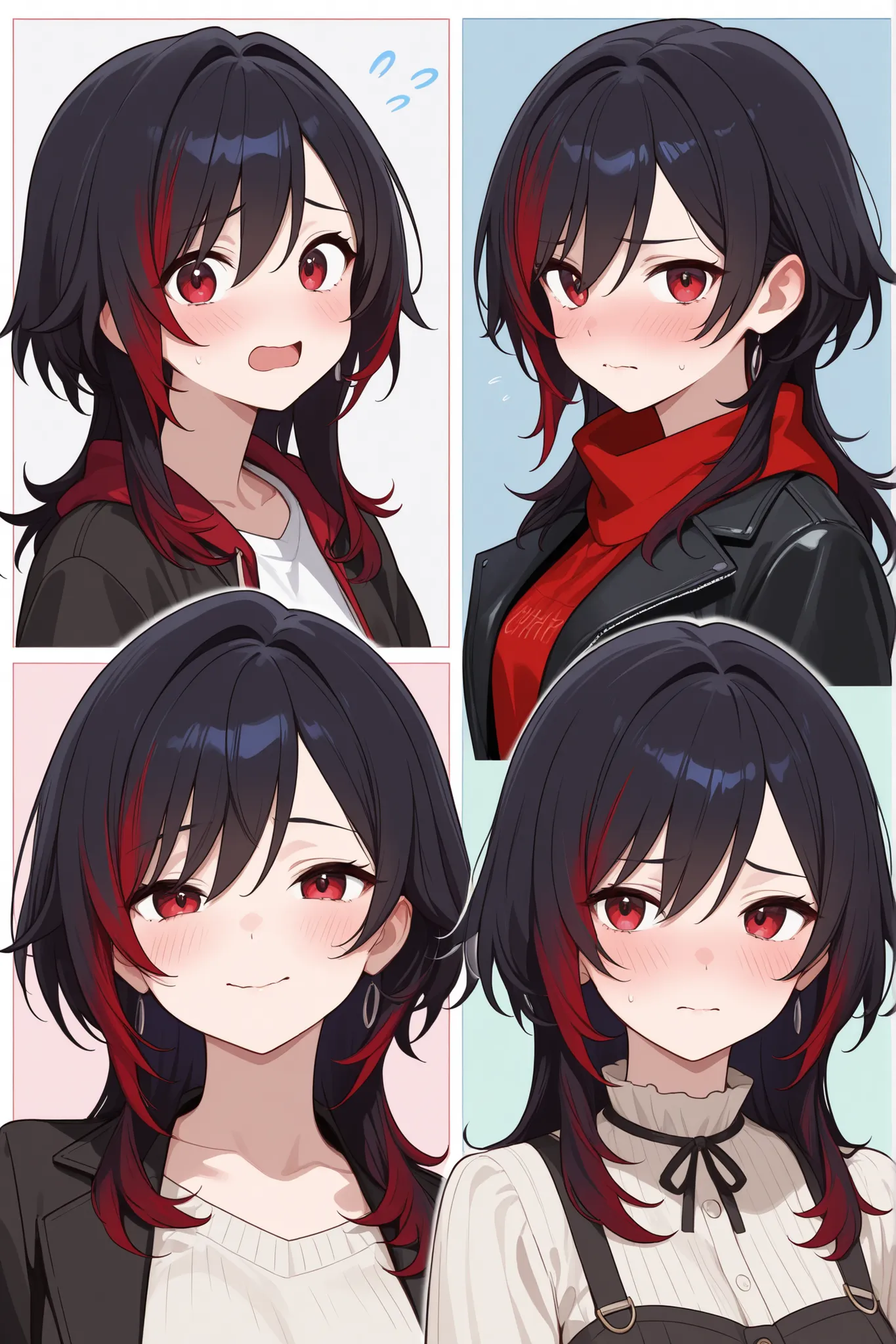 Characters: Kulushi Efreet
• Gender: Female
• Expressions/Personality: Shy, nervous, often embarrassed. Her expressions and posture suggest a reserved and self-conscious demeanor.
• Hair: Long, straight black hair with multiple vibrant red streaks frami...