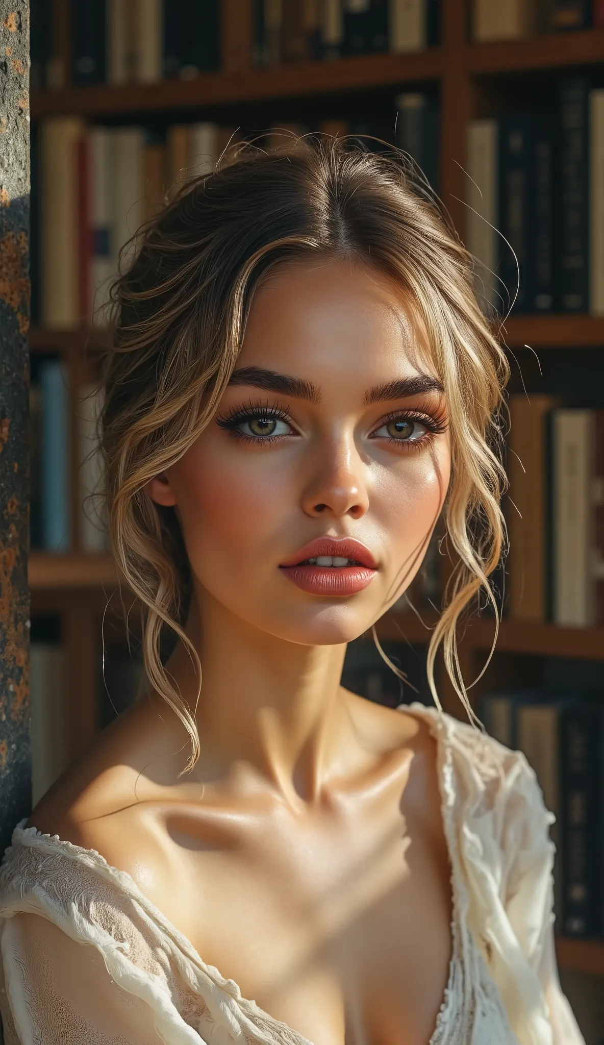 Realistic (photorealistic Realism), (high resolution), ((intricately detailed digital art)), professional low coloured and contrast photography a young blonde woman in the library with many books and a playful expression, showcasing her styled hair in buns...