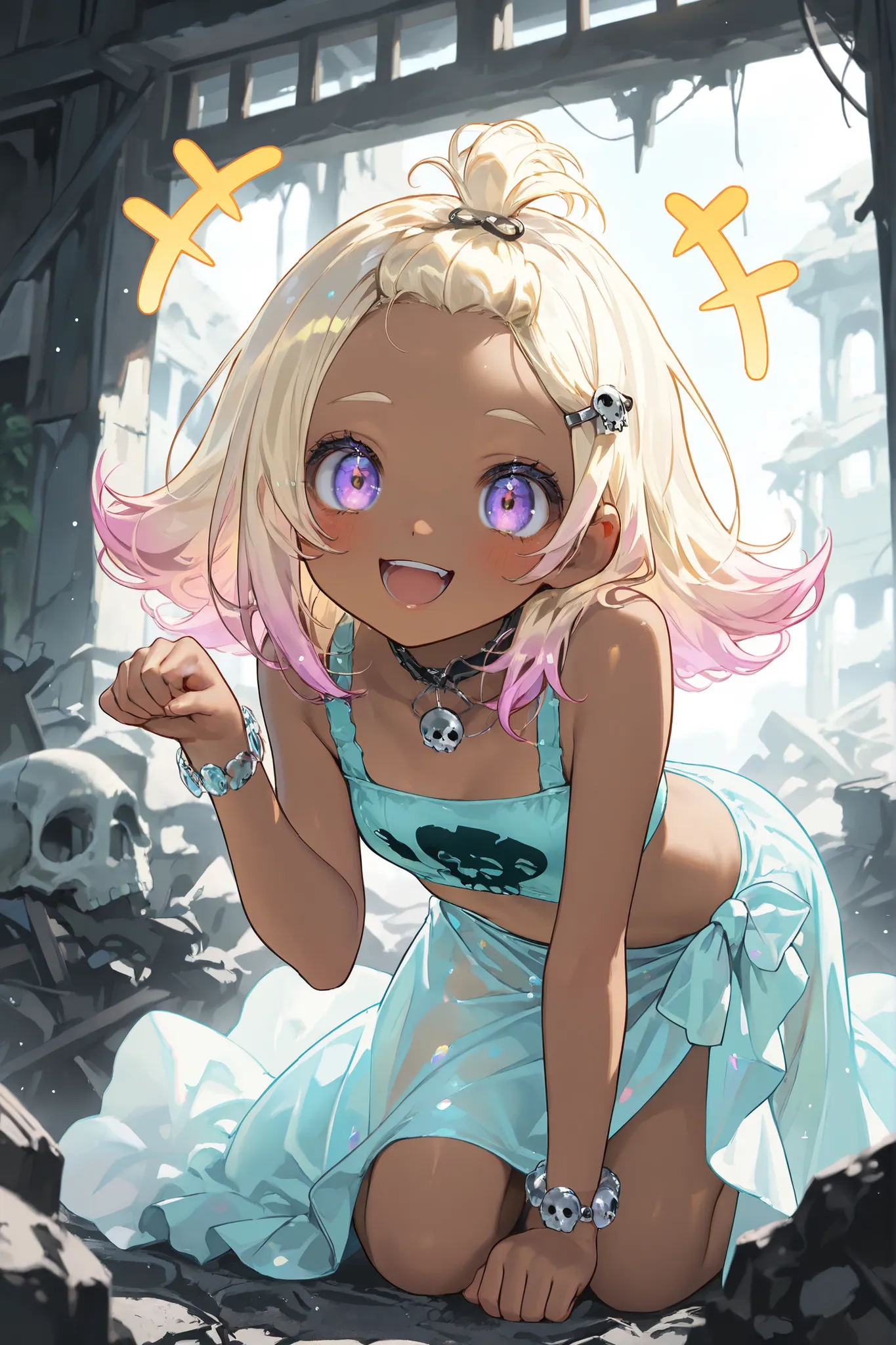 ((Masterpiece)), ((best quality, very aesthetic, absurdres, newest)), (wide shot), (8K), (cinematic lighting), ((1girl)), (cute young girl), (Healthy body, Textured skin, small breast, tilt head), ((brown-skin)), Glossy straight hair, (bangs pinned back, ...