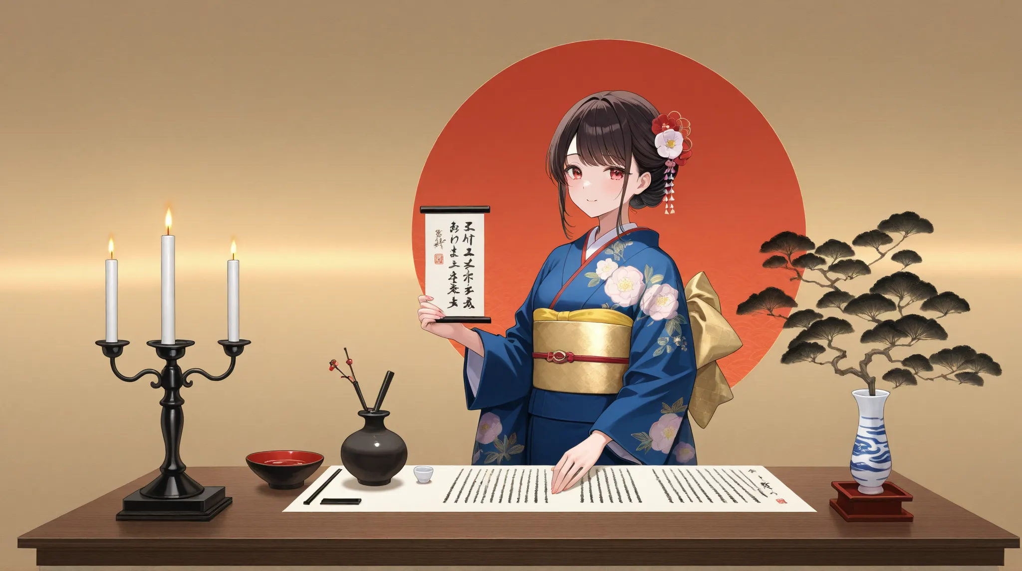 Japanese ink painting, beautiful woman in kimono , College Crafted, College Candlestick, and Candlestick, Harvest Moon ,