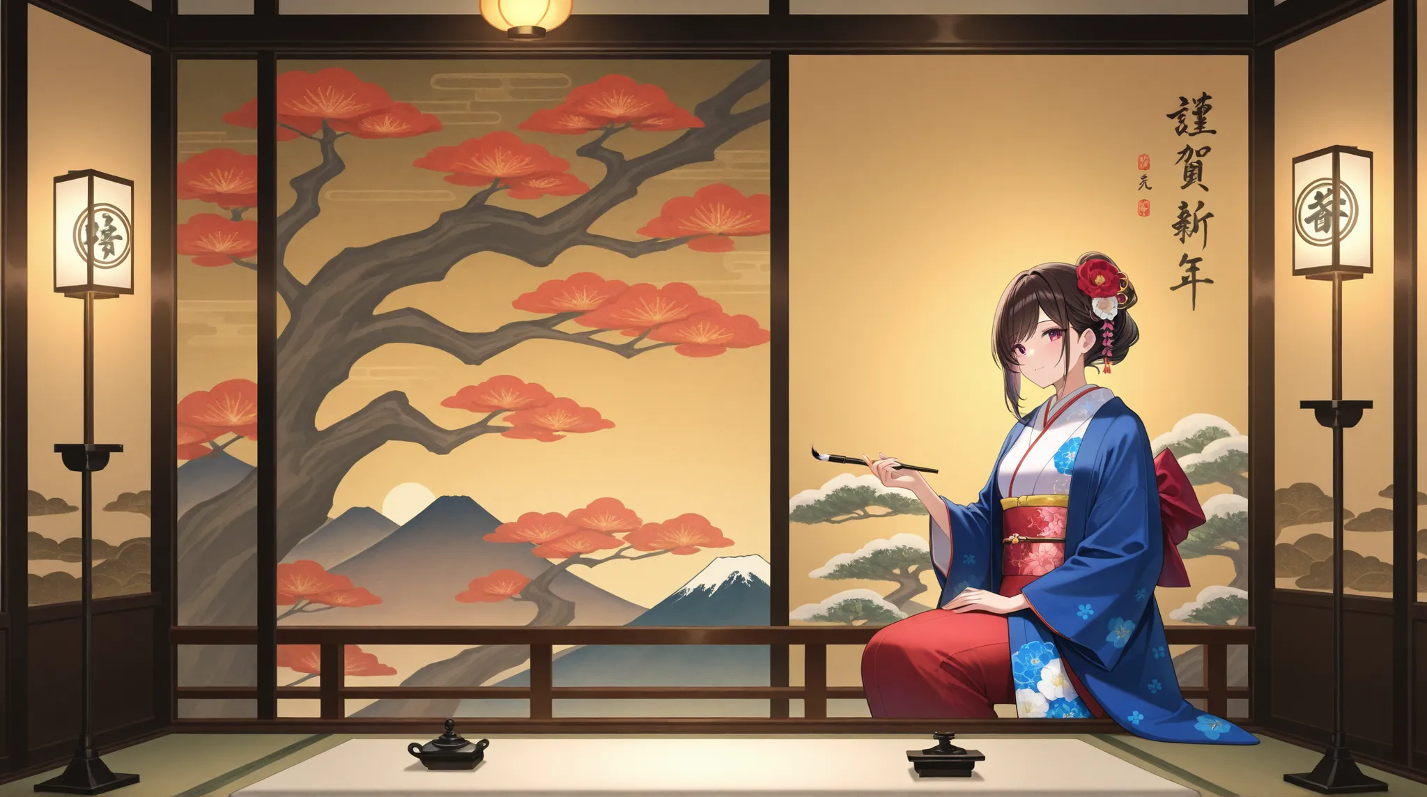 Japanese ink painting, beautiful woman in kimono , College Crafted, College Candlestick, and Candlestick, Harvest Moon ,