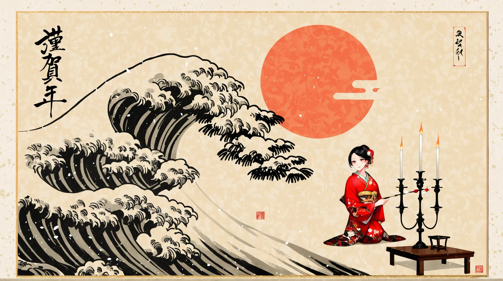 Japanese ink painting, beautiful woman in kimono , College Crafted, College Candlestick, and Candlestick, Harvest Moon ,