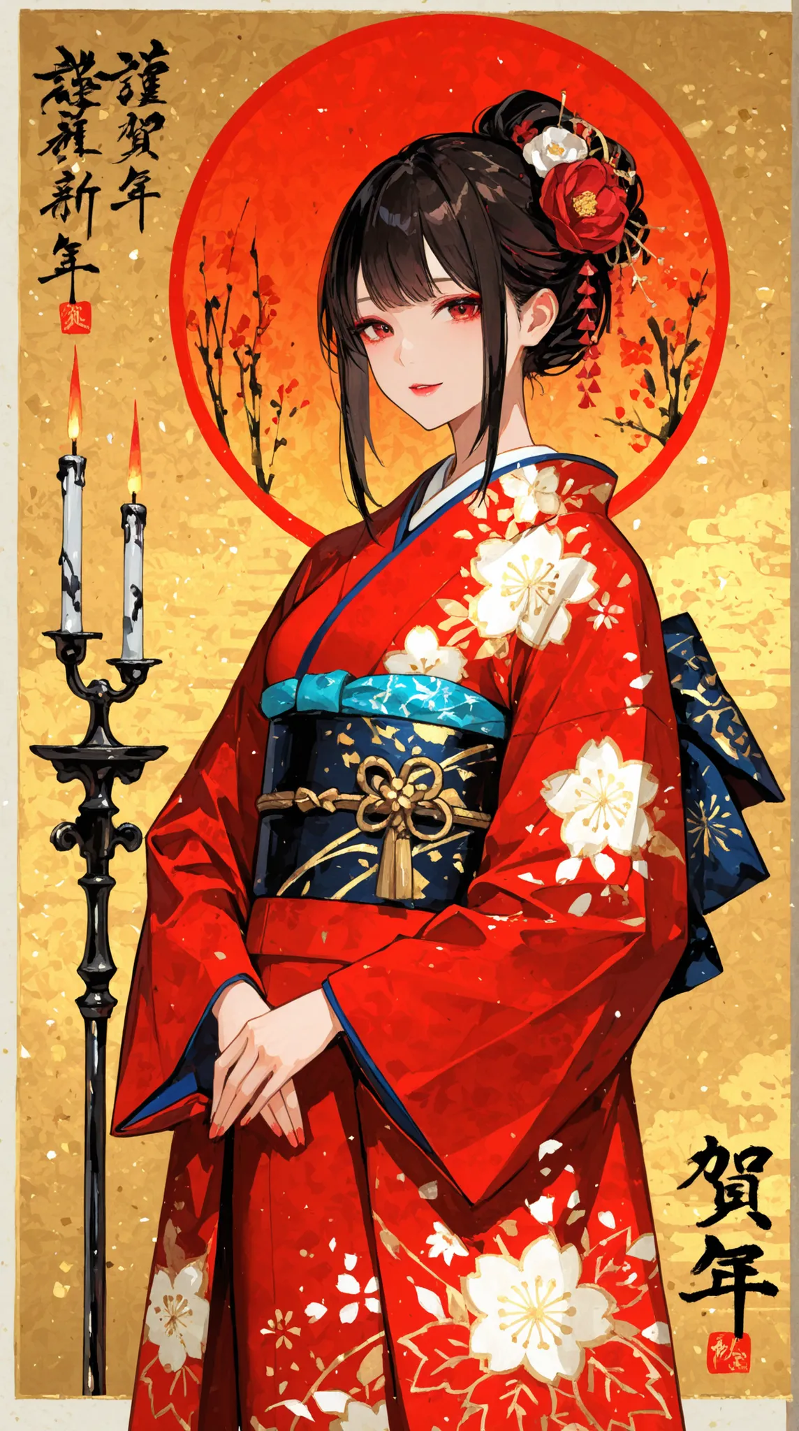 Japanese ink painting, beautiful woman in kimono , College Crafted, College Candlestick, and Candlestick, Harvest Moon ,