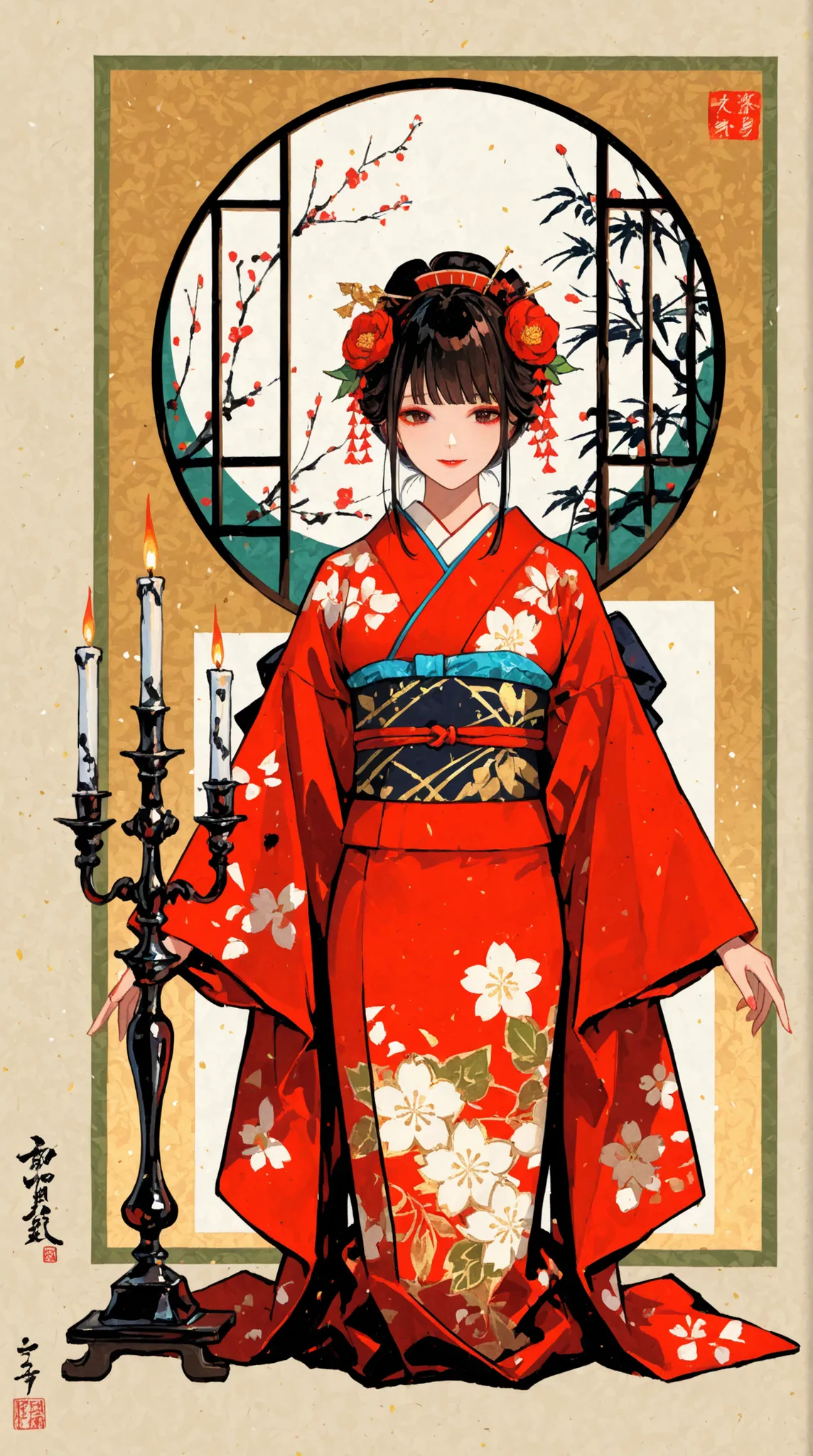 Japanese ink painting, beautiful woman in kimono , College Crafted, College Candlestick, and Candlestick, Harvest Moon ,