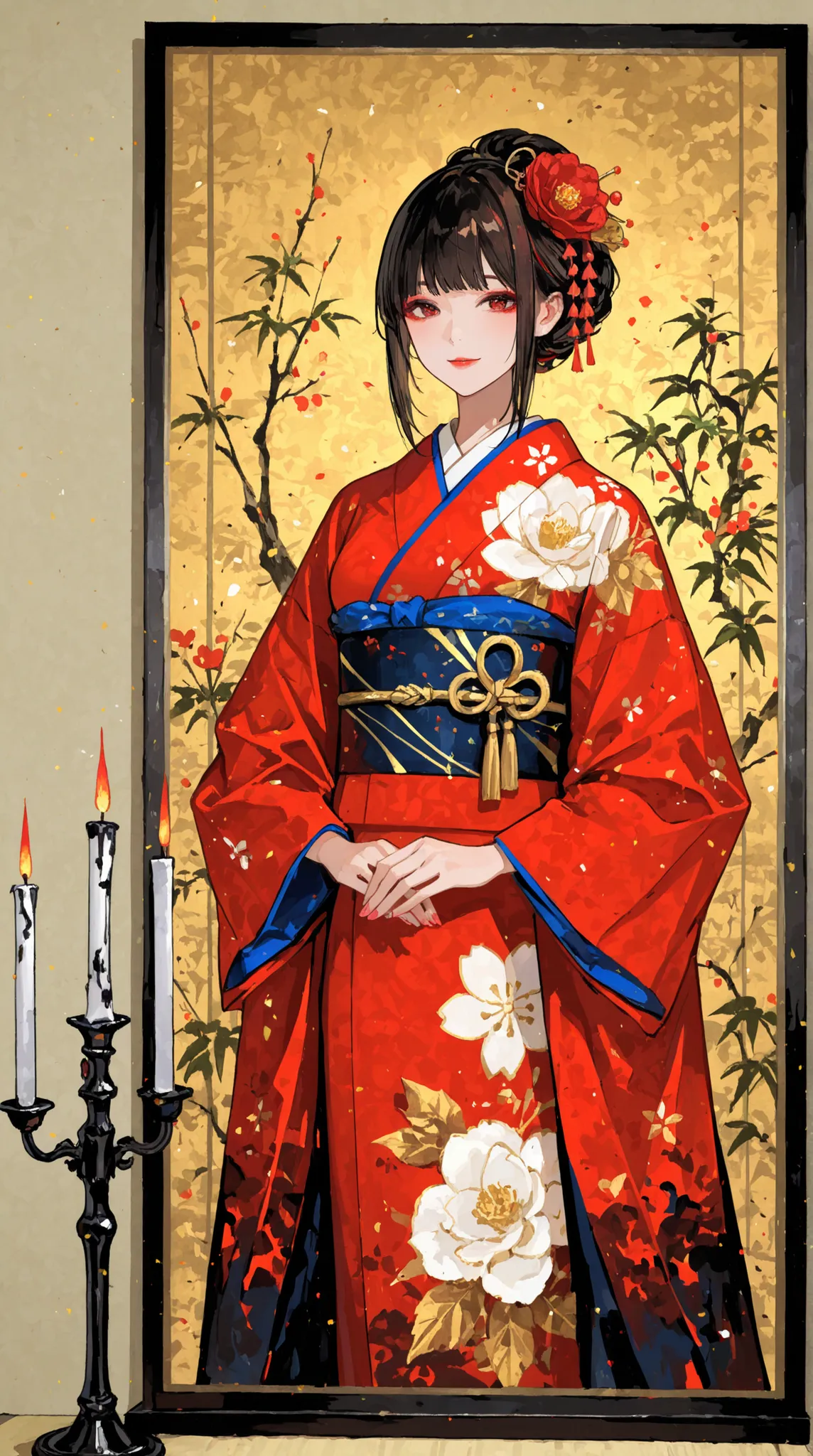 Japanese ink painting, beautiful woman in kimono , College Crafted, College Candlestick, and Candlestick, Harvest Moon ,