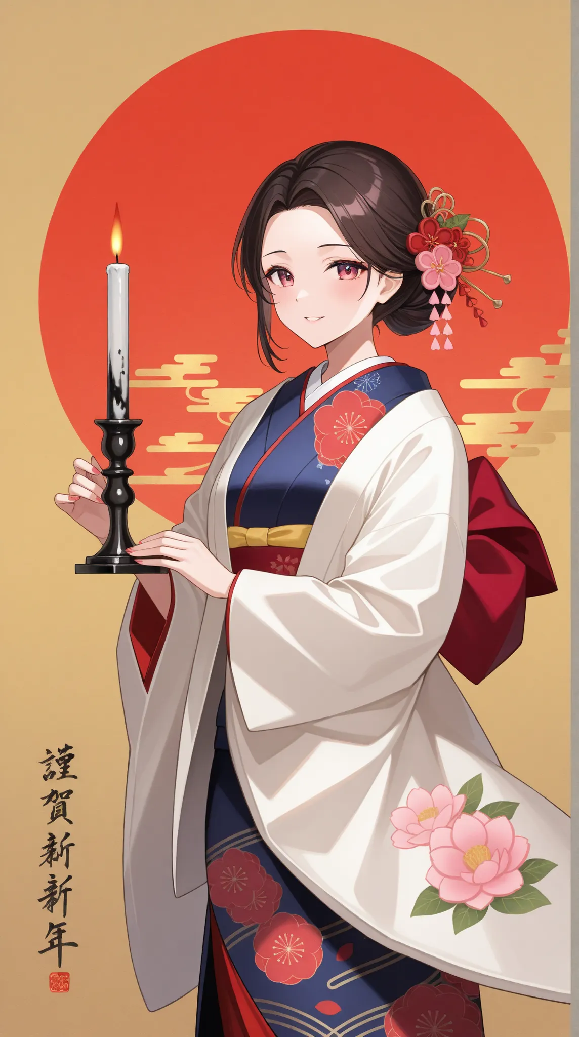 Japanese ink painting, beautiful woman in kimono , College Crafted, College Candlestick, and Candlestick, Harvest Moon ,