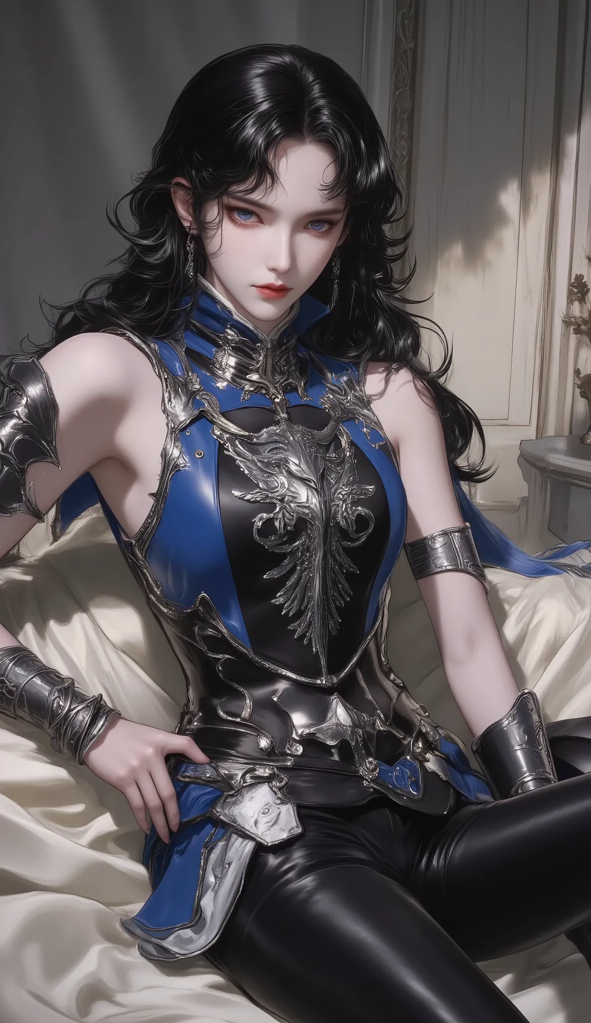 masterpiece, best quality, ultra-detailed, (stunningly beautiful woman:1.3) with (lustrous long black hair:1.2) and (wispy scattered bangs:1.1), (exquisite symmetrical face:1.2), piercing (cold arrogant gaze:1.2), (athletic fit physique:1.1), (flawless ala...