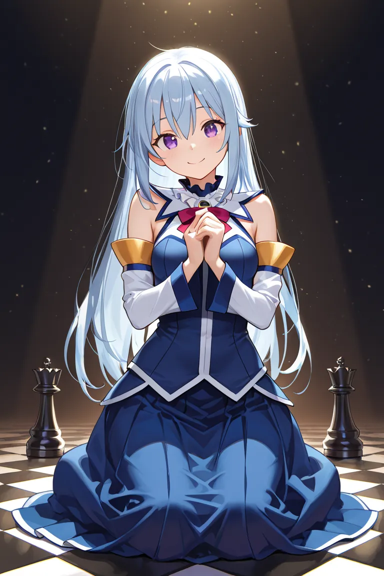  Masterpiece, best quality, High resolution, Unity 8K wallpaper, (illustration: 1.1), ultra-detailed face, extremely detailed CG,
perfect anatomy, beautiful hands, perfect hands,
Eris,
Eris (Kono-Suba),
a girl,
long hair,
silver hair,
(purple eyes: 1.2), (beautiful and detailed eyes: 1.5),
looking at the viewer,

smile,
blue dress, long sleeves, long skirt,

small breasts,
kneeling,
perfect lighting,
dark background, chess floor