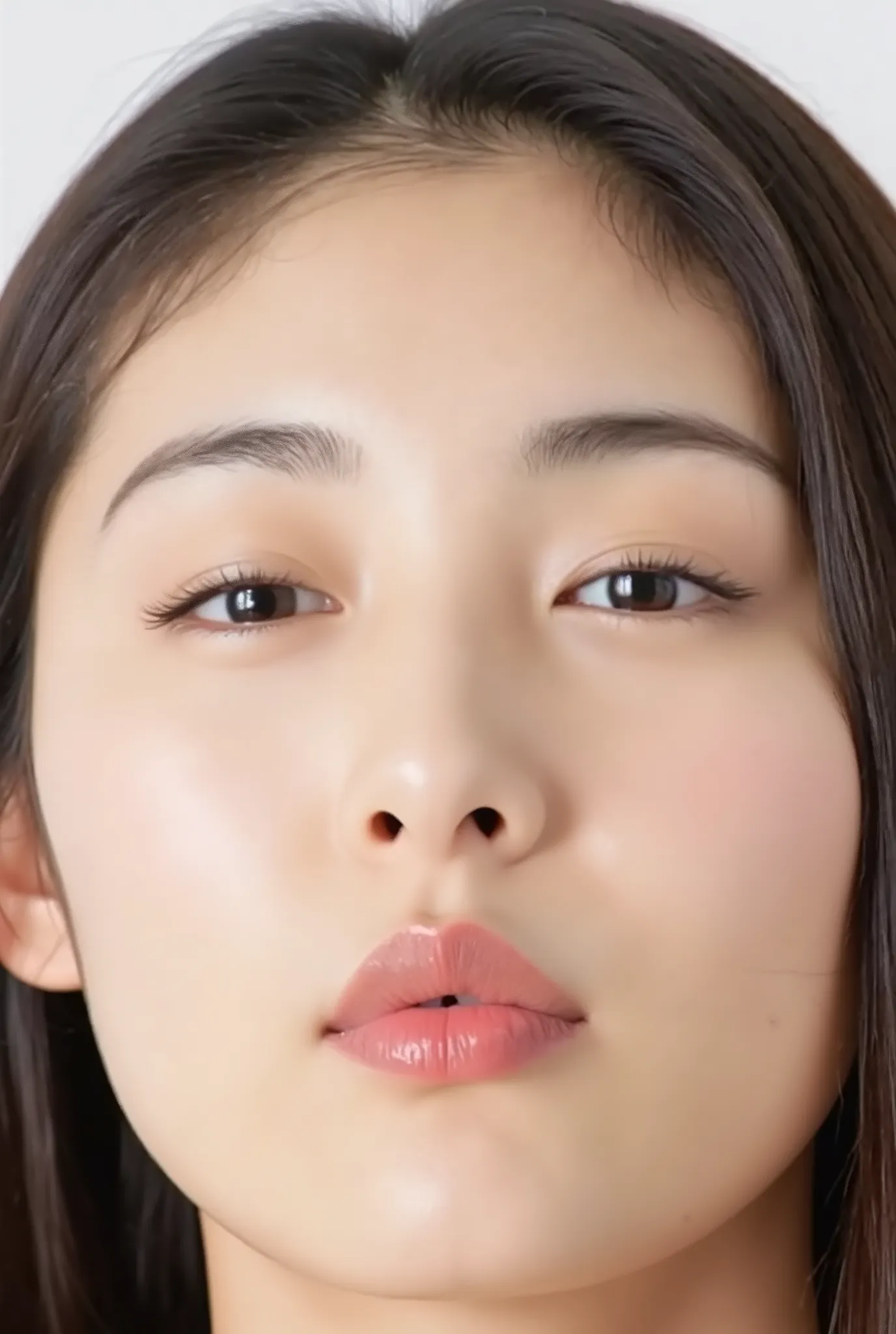 Japanese girl with flushed cheeks and a melting smile, eyes gently closed, lips tightly puckered and pushed forward in a kiss, intensely glossy with wet shine. She wears a black camisole, shown from collarbone up. Captured from a slightly high angle, as if...