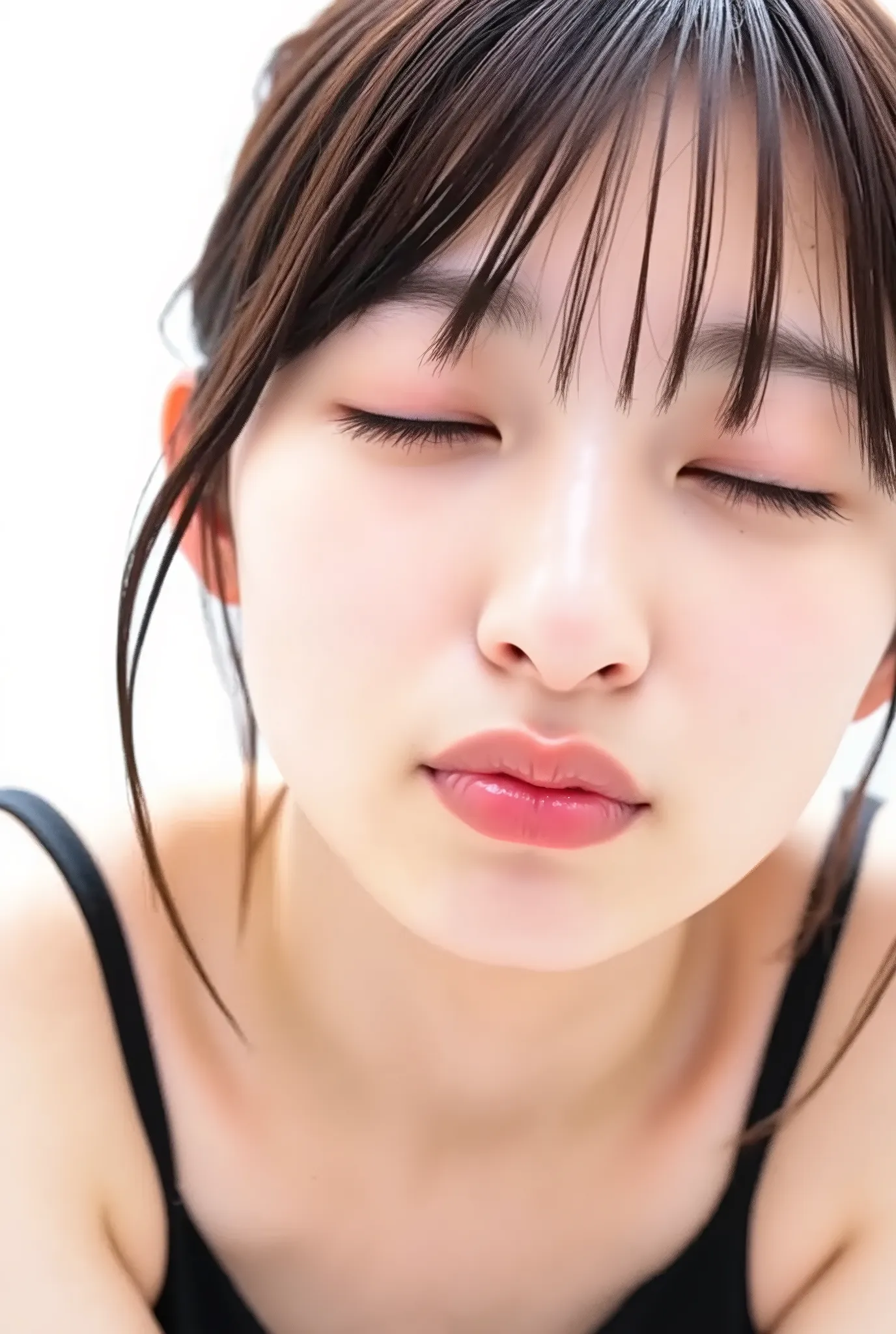 Japanese girl with flushed cheeks and a melting smile, eyes gently closed, lips tightly puckered and pushed forward in a kiss, intensely glossy with wet shine. She wears a black camisole, shown from collarbone up. Captured from a slightly high angle, as if...