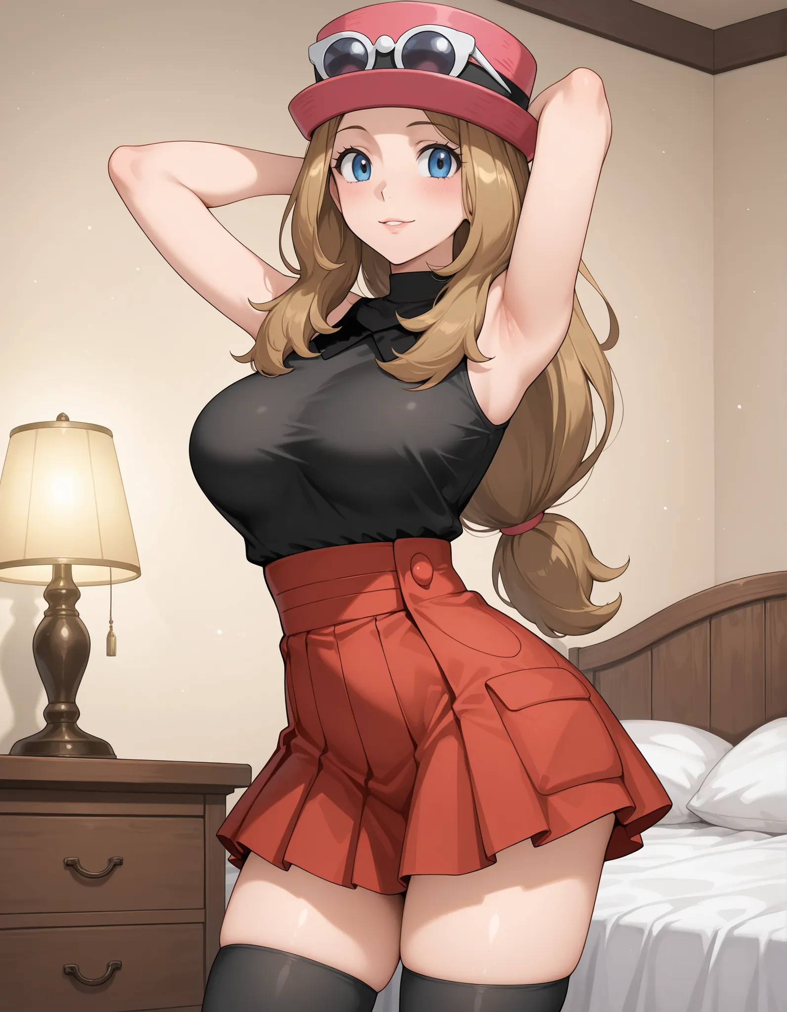 	Serena \(Pokemon\),
long hair, brown hair, 
blue eyes, 

	Serena \(Pokemon\) Outfit,
hat, pink hat, sunglass, eyewear on hat, 
sleeveless shirt, black shirt,
high_waisted skirt, red skirt,
tighhighs, black tighhighs, 
boots, black boots, 

1 girl, solo, f...