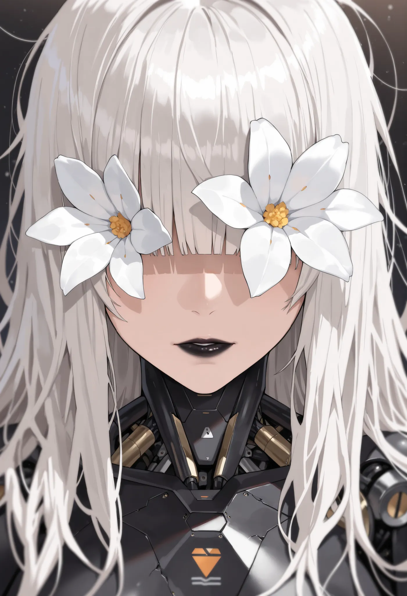 adult,
1woman,
(masterpiece:1.2), (best quality:1.2), (very aesthetic:1.2), (absurdres:1.2), absurdres, incredibly absurdres, depth of field, flowers, cyborg, wires, broken, white hair, messy hair, hair covering eyes, hair over eyes, blunt bangs, black lip...