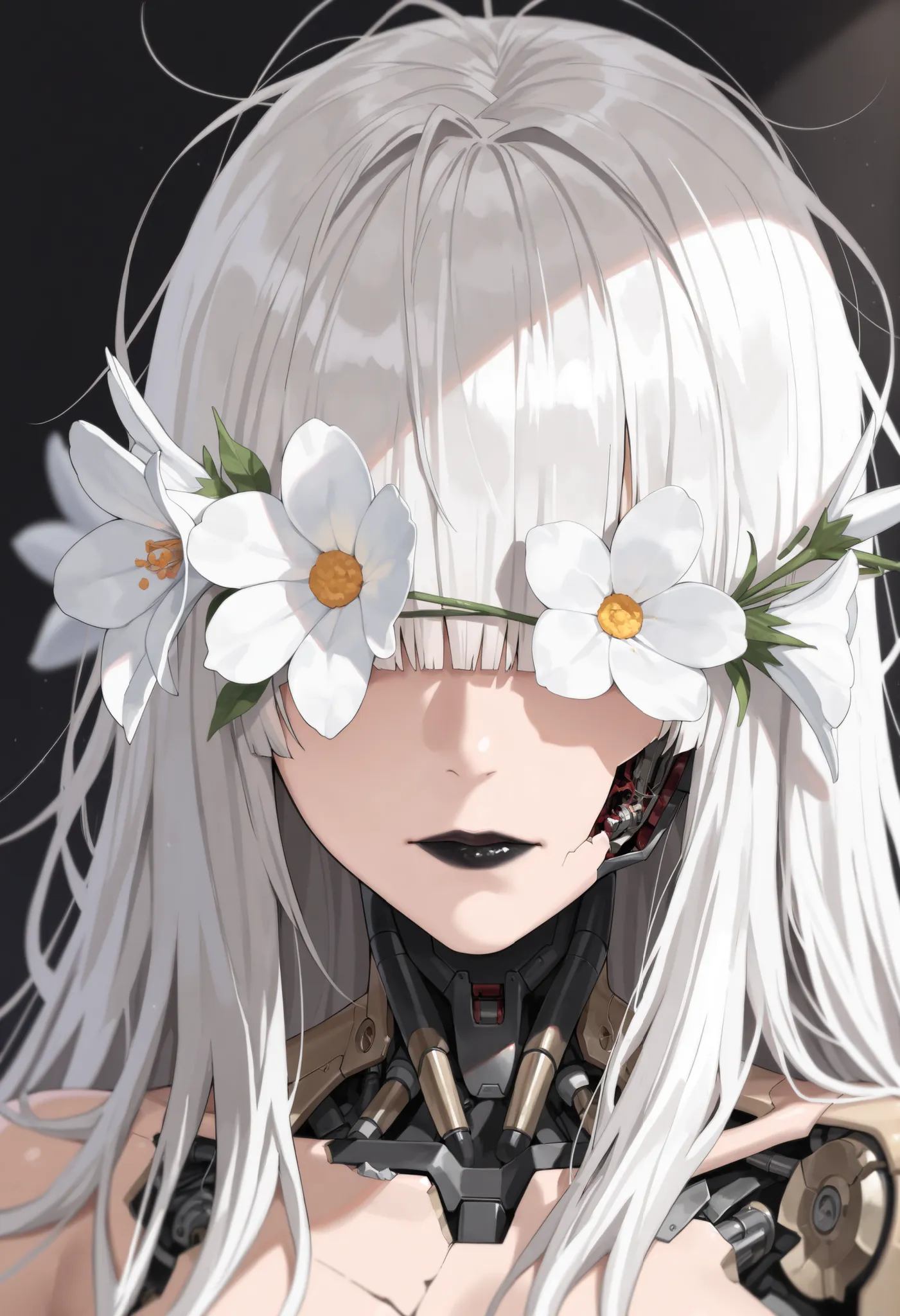 adult,
1woman,
(masterpiece:1.2), (best quality:1.2), (very aesthetic:1.2), (absurdres:1.2), absurdres, incredibly absurdres, depth of field, flowers, cyborg, wires, broken, white hair, messy hair, hair covering eyes, hair over eyes, blunt bangs, black lip...