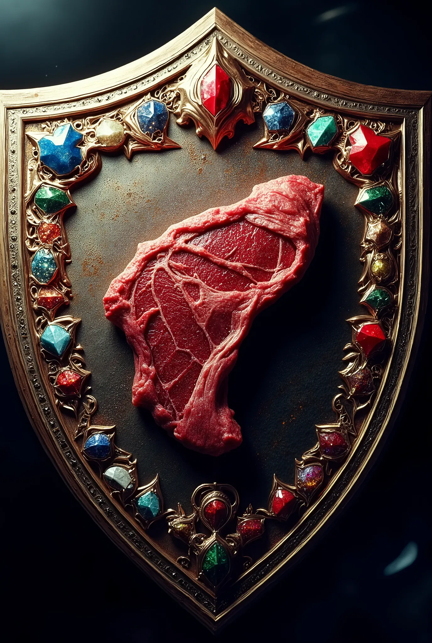 A shield, a super rare item in RPGs, A shield bordered with precious stones (diamonds, sapphires, rubies, and emeralds), In the center of the shield is a piece of rare cooked steak.