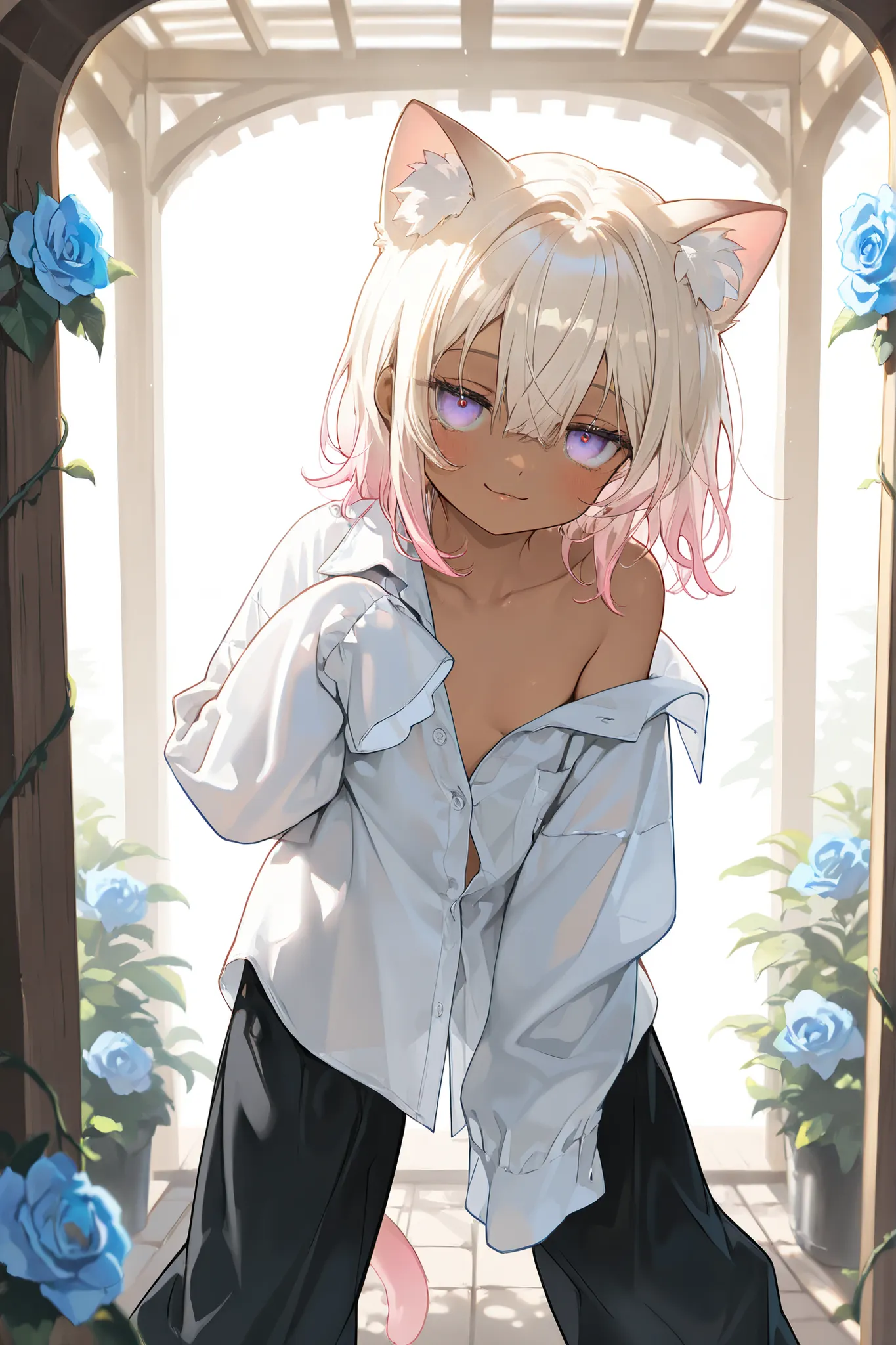 ((Masterpiece)), ((best quality, very aesthetic, absurdres, newest)), (wide shot), (8K), (cinematic lighting), ((1girl)), (cute young girl), (Healthy body, Textured skin, small breast, tilt head), (brown-skin)), (Pale blonde hair, gradient hair, Pastel col...