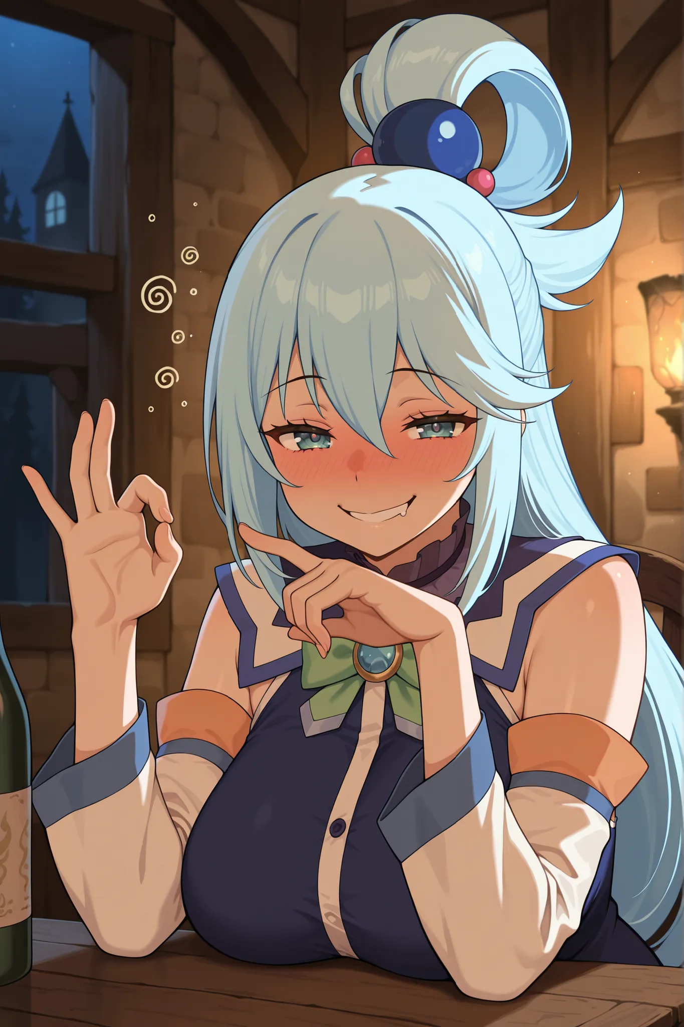 masterpiece, best quality, amazing quality, absurdres, highres,anime screencap, 1girl, AEAquaDef, blue eyes, blue hair, single hair ring, hair ornament, green bow, blue shirt, sleeveless, detached sleeves, White sleeves, curvy,large breasts,  drunk,Traven,...