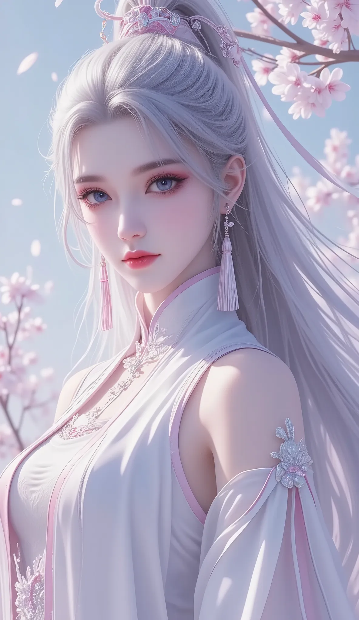 Chinese Fairy Tales character, extremely details, high detailed face, mature woman, milf, extremely busty, cool beauty, living expressions, (cold gaze, cold eyes, blue eyes), expressionless, gray hair, highlight, high ponytail, light hair, shiny silky, Him...