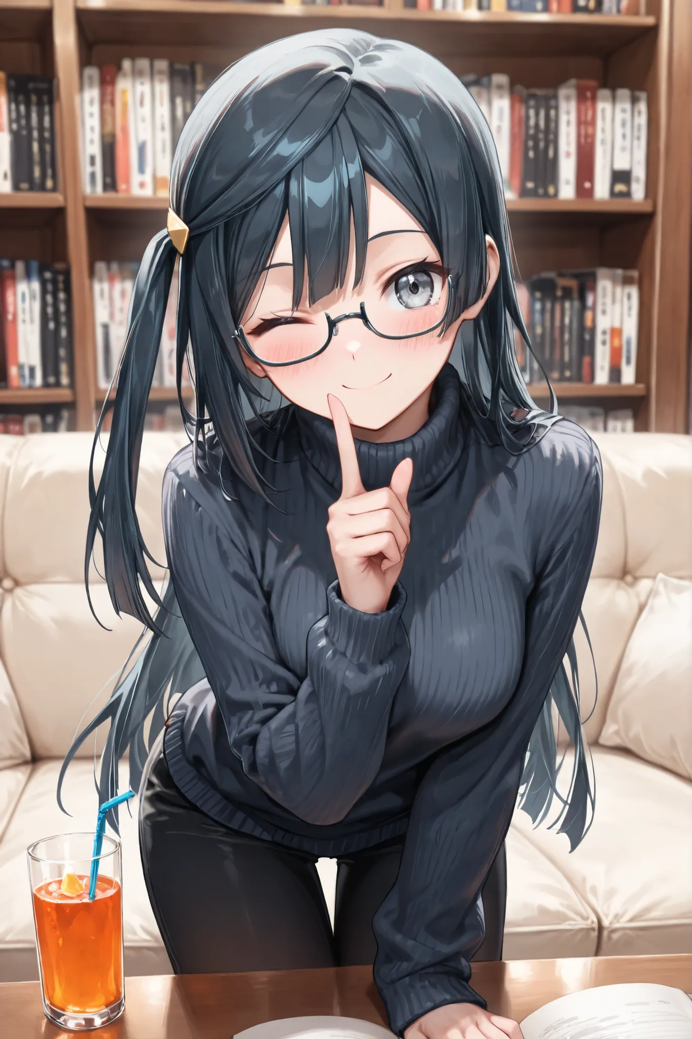 ((Masterpiece)),((best quality)),((incredibly absurdres)),((8K)),(semi realistic),
1 girl,young,short stature,Yuki Setsuna,setsuna yuuki,long hair,bangs,black hair,sidelocks,grey eyes,one side up,medium breasts,
(black eyewear),(square glasses),(navy blue ...