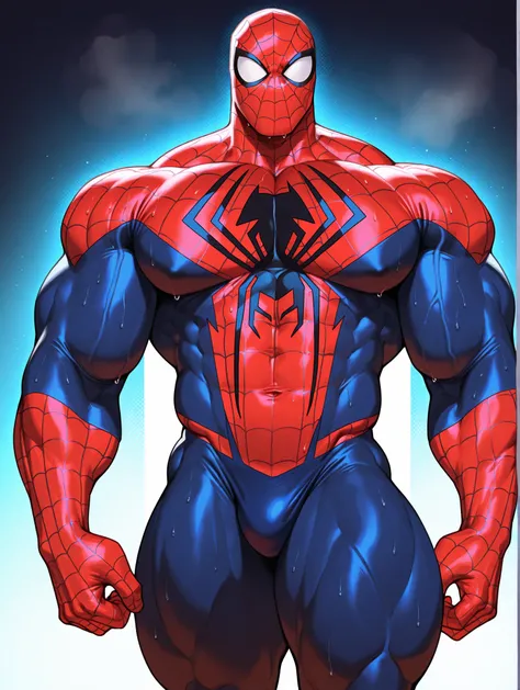 solo, 1boy, male focus, muscular, sweaty beefy muscles, wide thick torso, big pecs, broad shoulders, thick thighs, Spider-Man, relaxed, from the front, 
perfect anatomy, masterpiece, perfect quality, best quality, detailed, newest, very aesthetic
