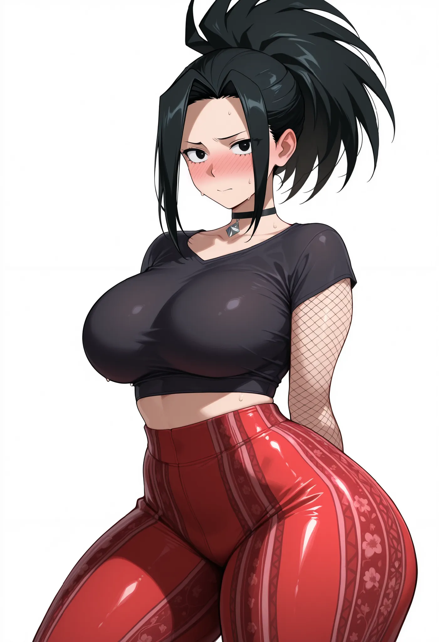 nose blush, shiny legs, shiny body, shiny hair, clear skin, clear body, short hair,, white background, simple background, standing, (masterpiece), best quality, expressive eyes, perfect face,1girl,(large breasts), sweat, sweaty, sweaty:1.3, nose blush, loo...