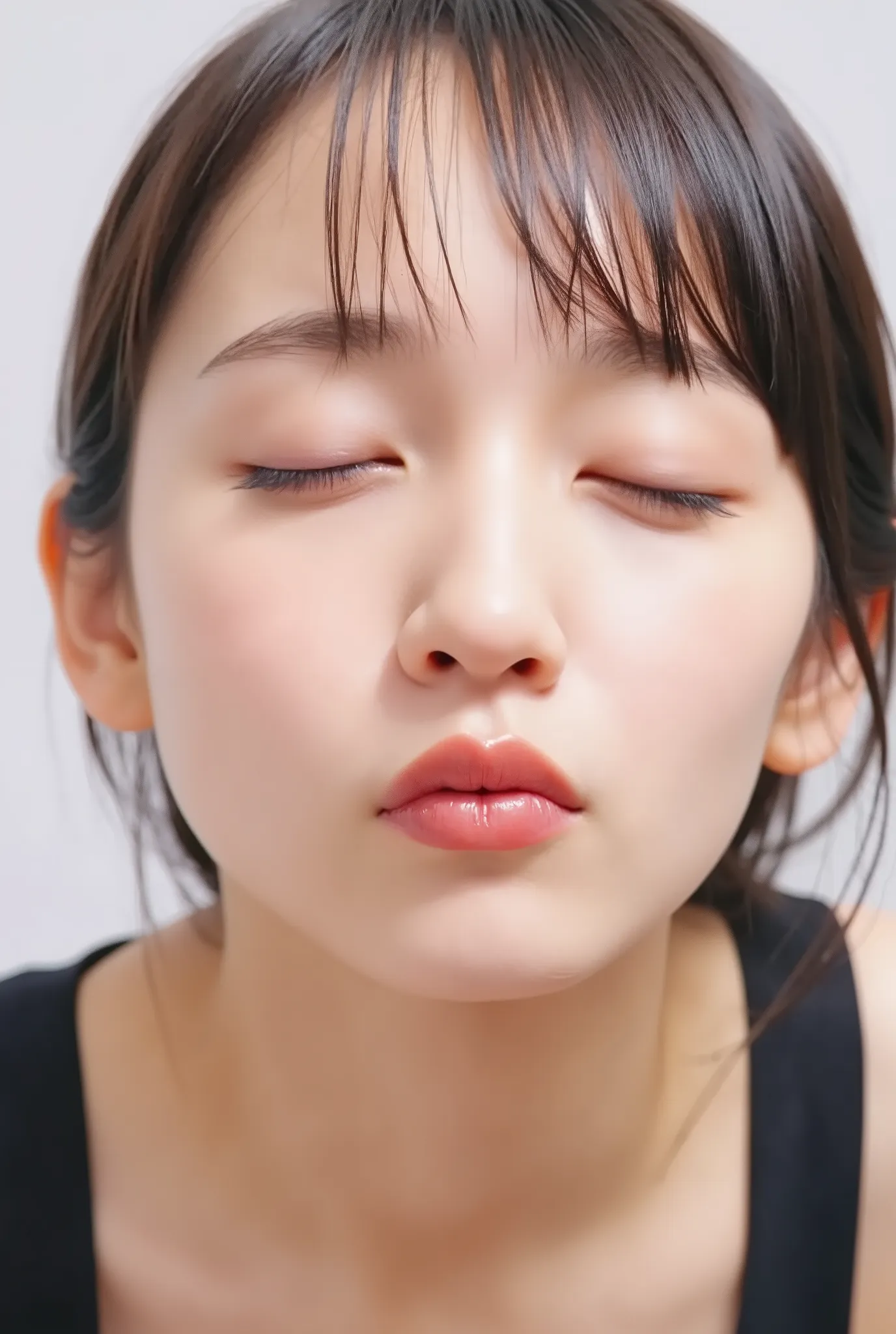 Japanese girl, soft skin, eyes gently closed, puckered lips pushed forward for a kiss, glossy wet lips with intense shine, flushed cheeks. Face and head fully visible from collarbone up. Camera from 35° above, frontal angle. Bashful deredere expression. Bl...