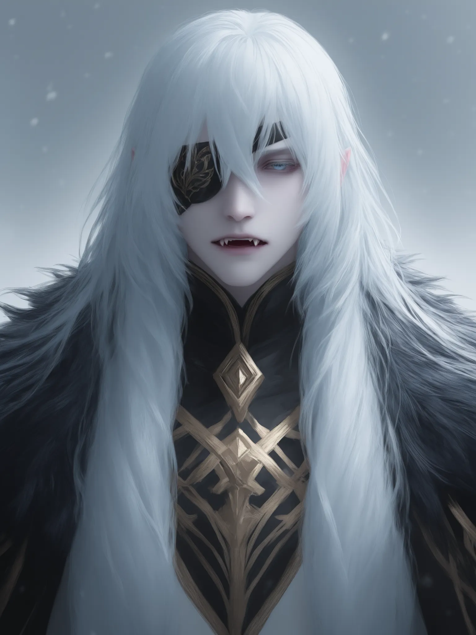 Male. Long White Hair with Eye-covering Bangs. Black & gold eyepatch. Crystal blue Irises. Fangs. Pale White Skin. Black & Gold Noble Garments. Cold Expressio. Full upper half. 4K quality. 
