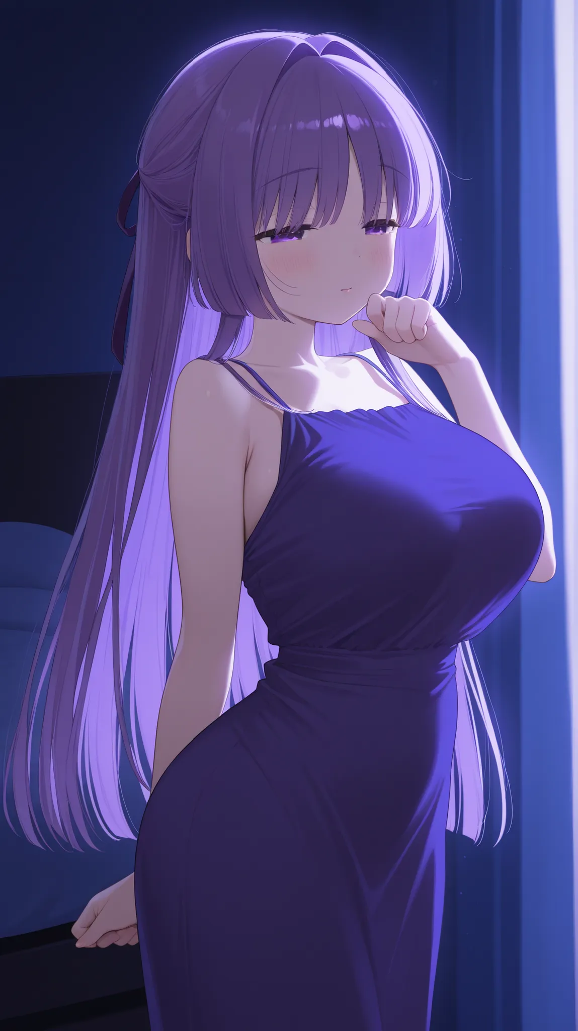 kakei sumire, cute pose, hair tie, adult, simple dress, half close eyes, dark room, no light, busty,