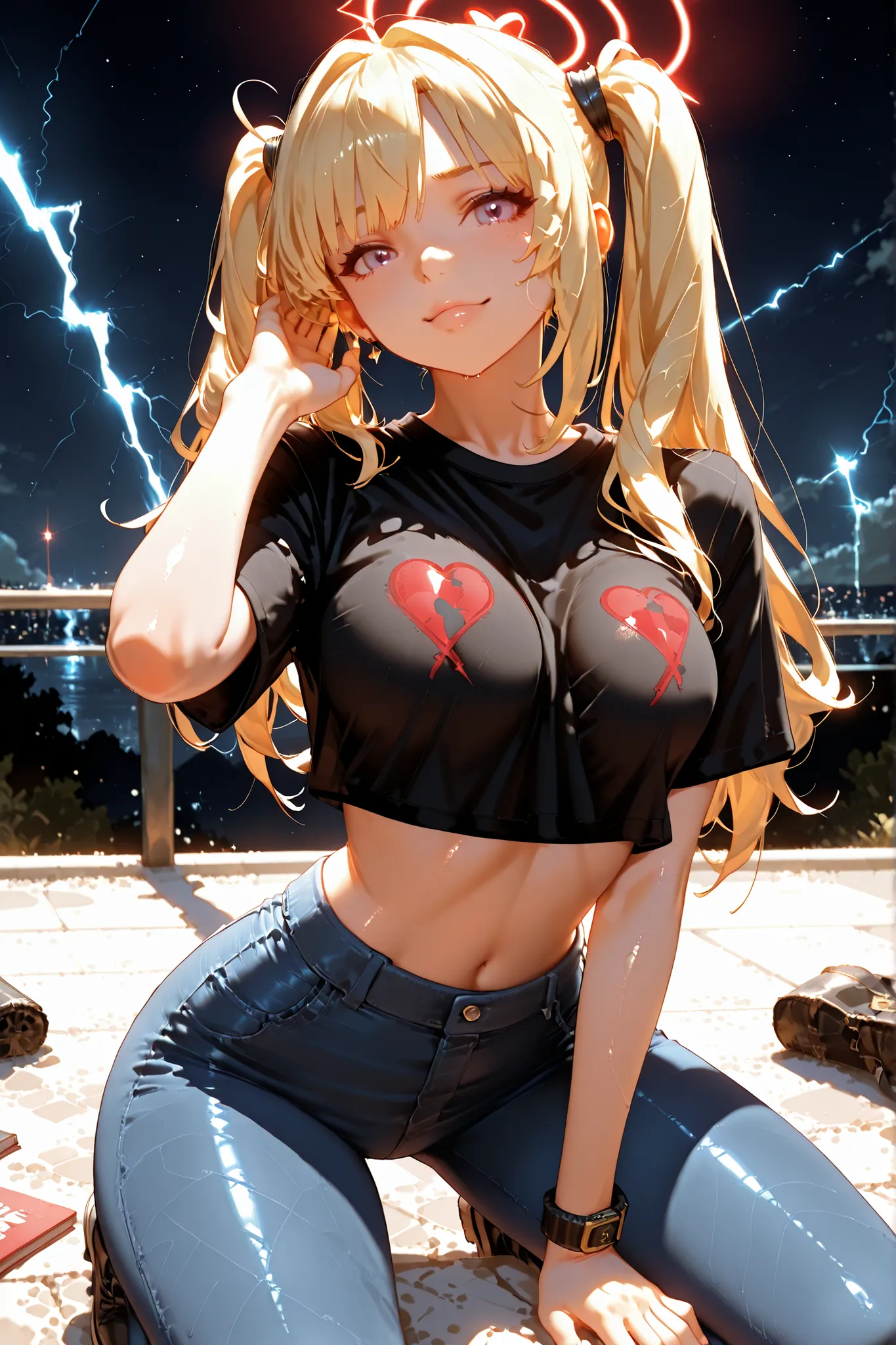 1girl,JK,mesugaki, shiny skin,facial expressions: wince,angle: lower body,viewpoint: from front,pose: kneeling,hair style: twin drills,bangs: middle part,hair length: very long,hair type: wavy,hair color: blue,eye color: black,outfits: crop top & jeans,ext...