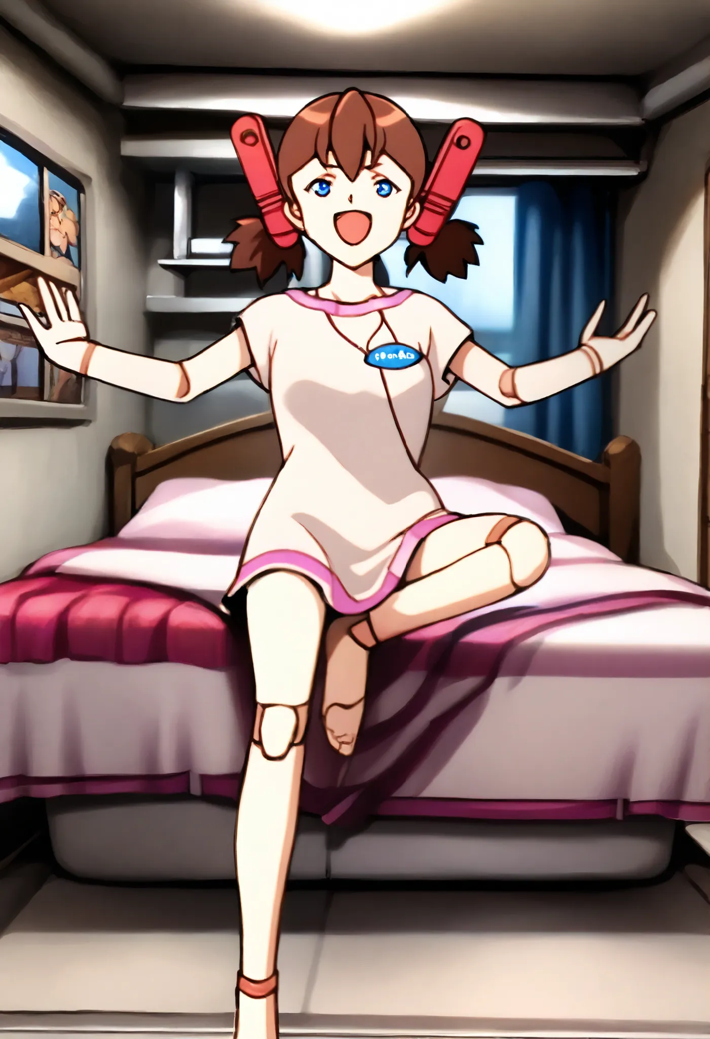  A mechanical mature lady is very short pigtails, brown hair, Hair tie with two red big red clothespins, android, blue eyes, anime picture. She is nude, she wares nothing. She feels ecstasy. she laughs rough. angle from front view. She is laying on the bed...