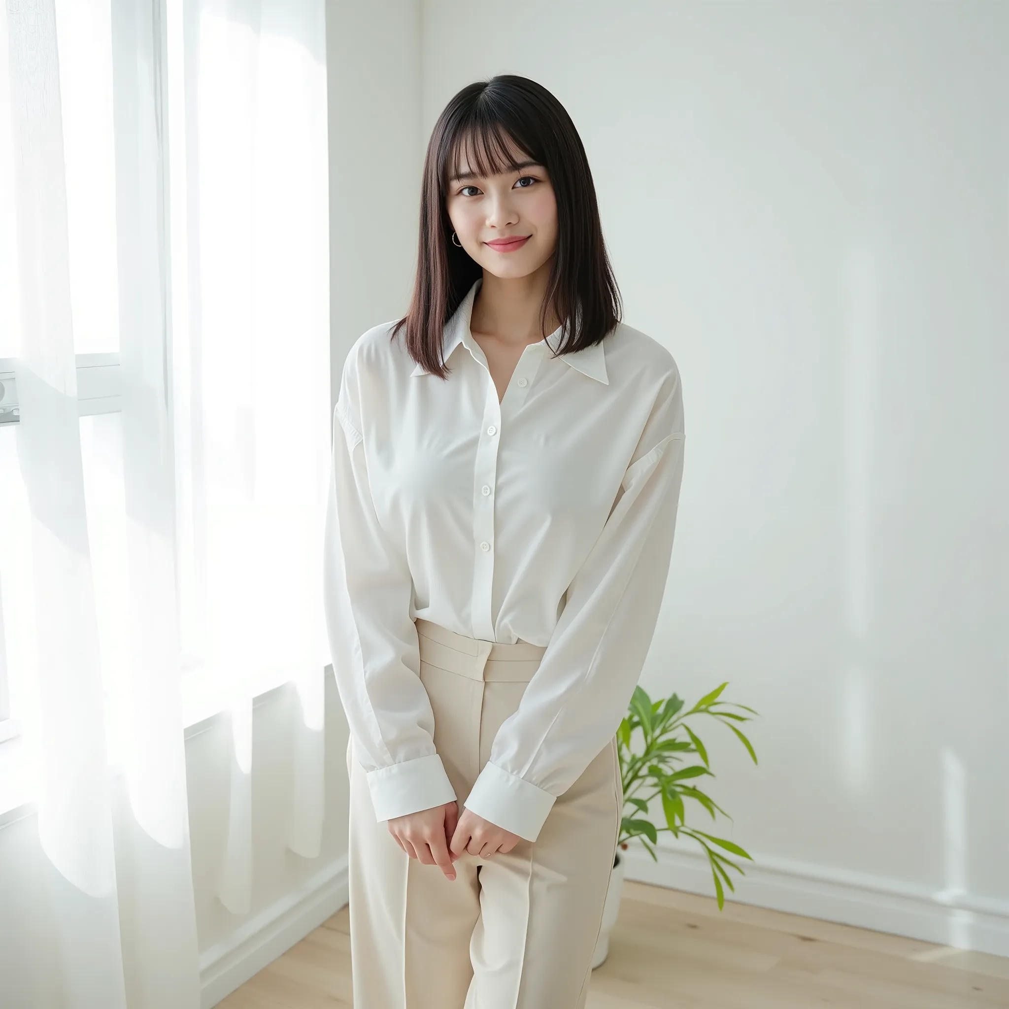An 18-year-old Japanese woman with a youthful, baby-faced appearance stands in a relaxed and confident pose. She has soft facial features, large innocent eyes, and a gentle, playful smile that adds to her naturally charming presence. Her figure is slender ...