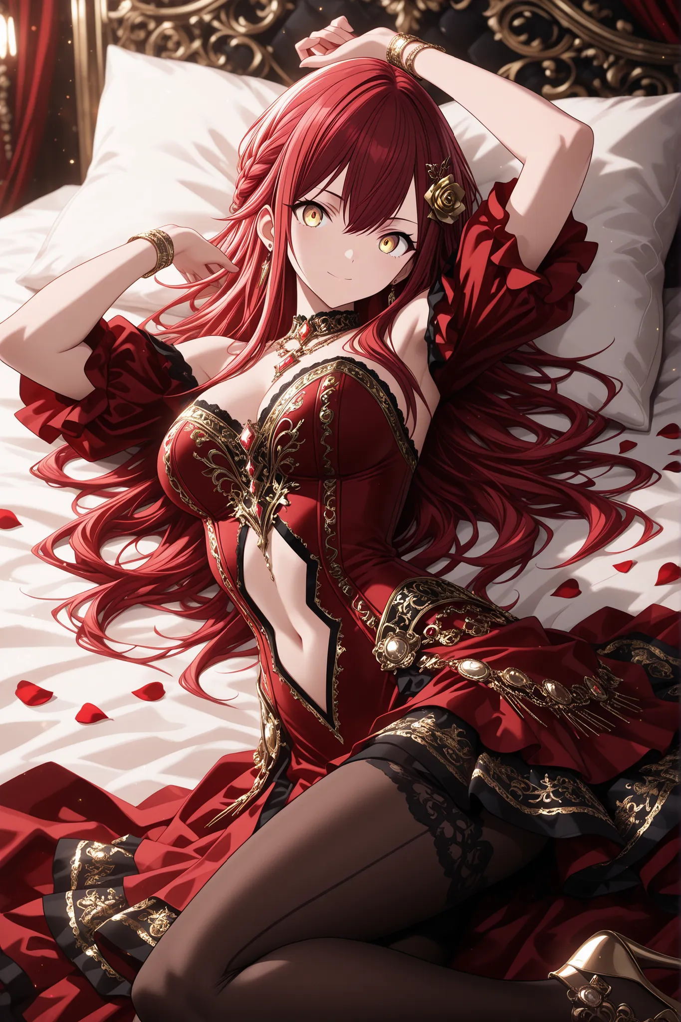 ((anime coloring:1.5)), sumi-e, pastel color, french court theme, bedroom, rose petals on bed,
1 girl , golden eyes , very long hair , long sidelocks, red hair ,half updo, petite , very cute , beautiful ,Straight hair, cool, handsome, hair between eyes,...