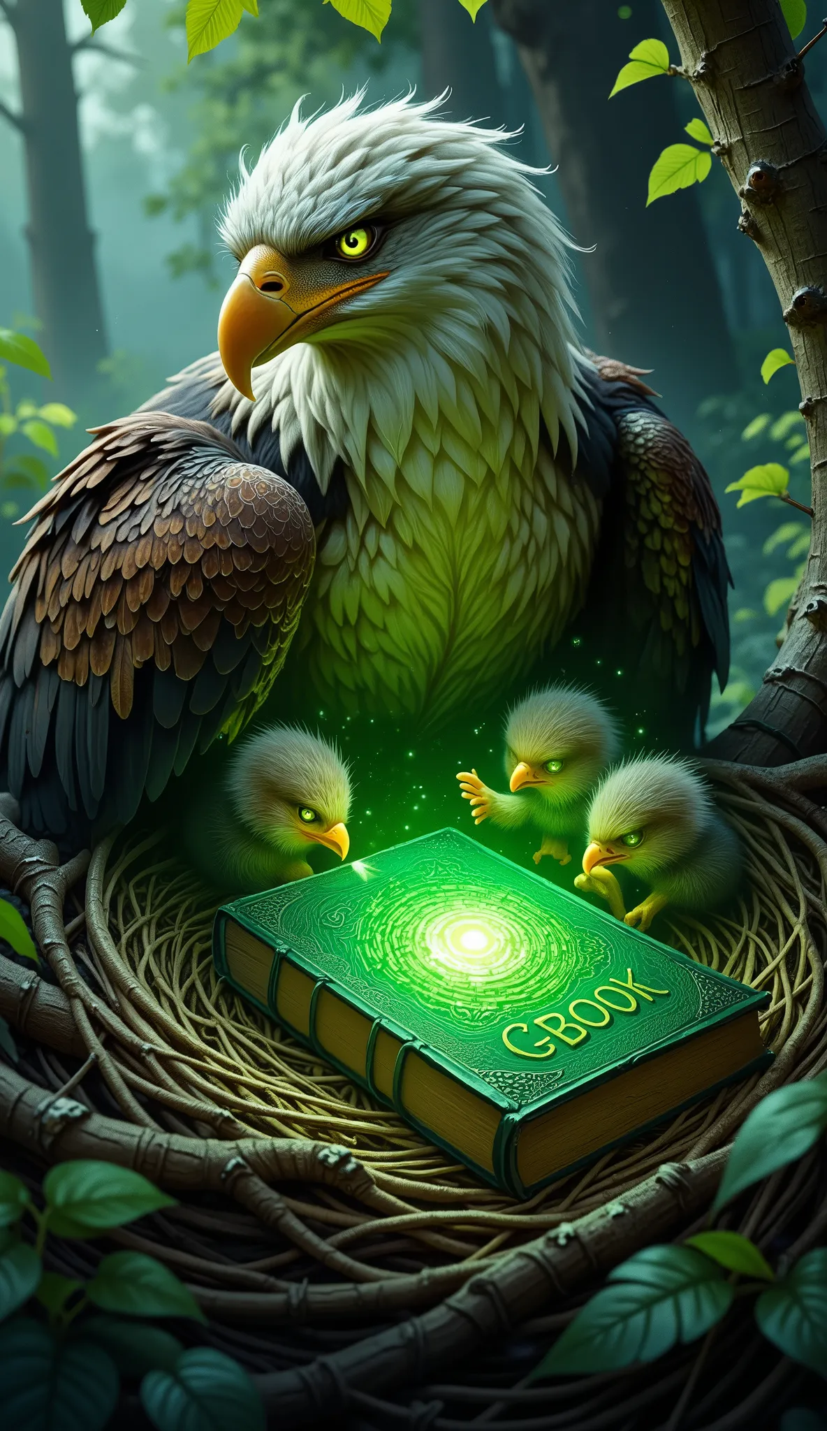 
An eagle is feeding her babies at a nest. a book in the nest, "GBOOK"  is written on the cover of book with capital letters.   bright green light coming out of the book