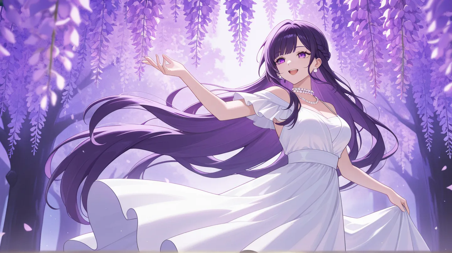 1girl, scene,happy, cherful, very long hair, hair flow, braid long  hair, with white dress , purple eyes, pearl earrings, pearl choker necklace, pose, beautiful color, dark purple hair, wisteria tree