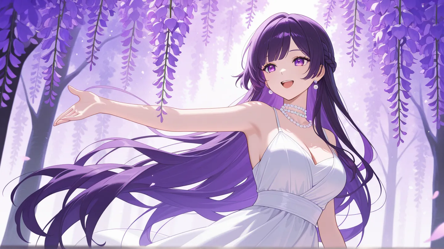 1girl, scene,happy, cherful, very long hair, hair flow, braid long  hair, with white dress , purple eyes, pearl earrings, pearl choker necklace, pose, beautiful color, dark purple hair, wisteria tree