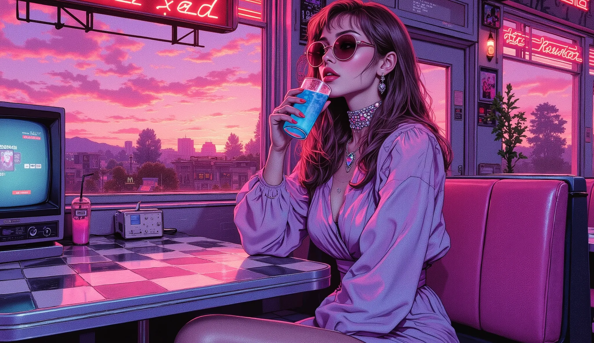 A detailed digital drawing of A woman in a pastel-toned 1980s dress sits at a retro diner booth, sipping a neon-blue drink. She wears large round sunglasses and a choker with a holographic pendant. The café features checkerboard floors, vintage CRT TVs pla...