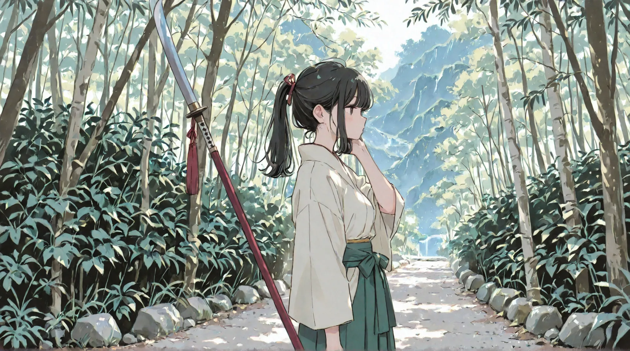 best quality,masterpiece、solo,one girl、Ponytail、(one long polearms,naginata:1.2)、 green hakama 、black hair、barrette、Ancient Japanese landscape