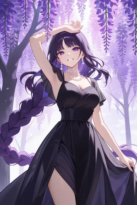 1girl, scene,happy, cherful, very long braid hair, hair flow, with black dress , purple eyes, pearl earrings, pearl choker necklace, pose, beautiful color, dark purple hair, wisteria tree, tall girl