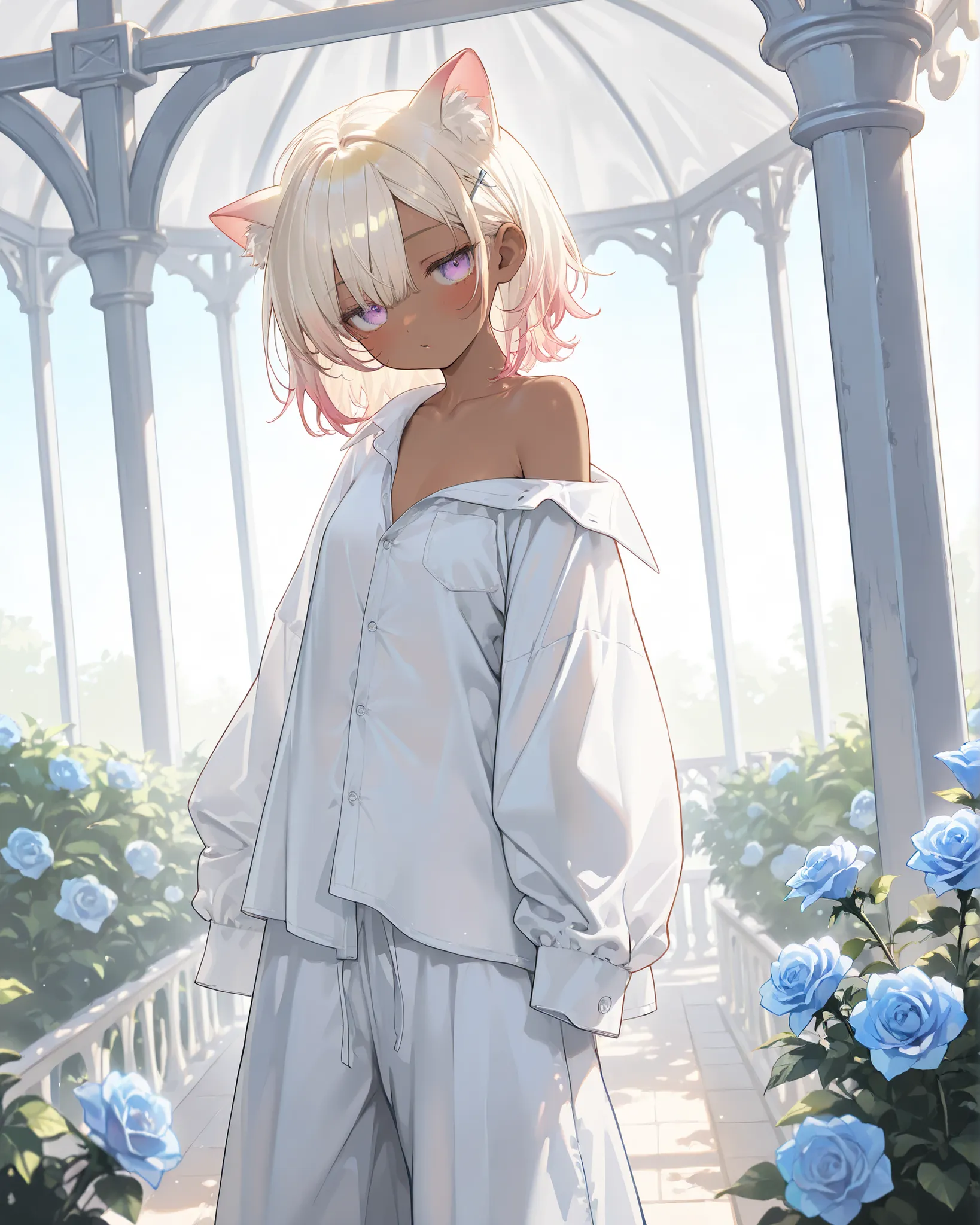 ((Masterpiece)), ((best quality, very aesthetic, absurdres, newest)), (wide shot, from side), (8K), (cinematic lighting), ((1girl)), (cute young girl), (Healthy body, Textured skin, small breast, tilt head), (brown-skin)), (Pale blonde hair, gradient hair,...
