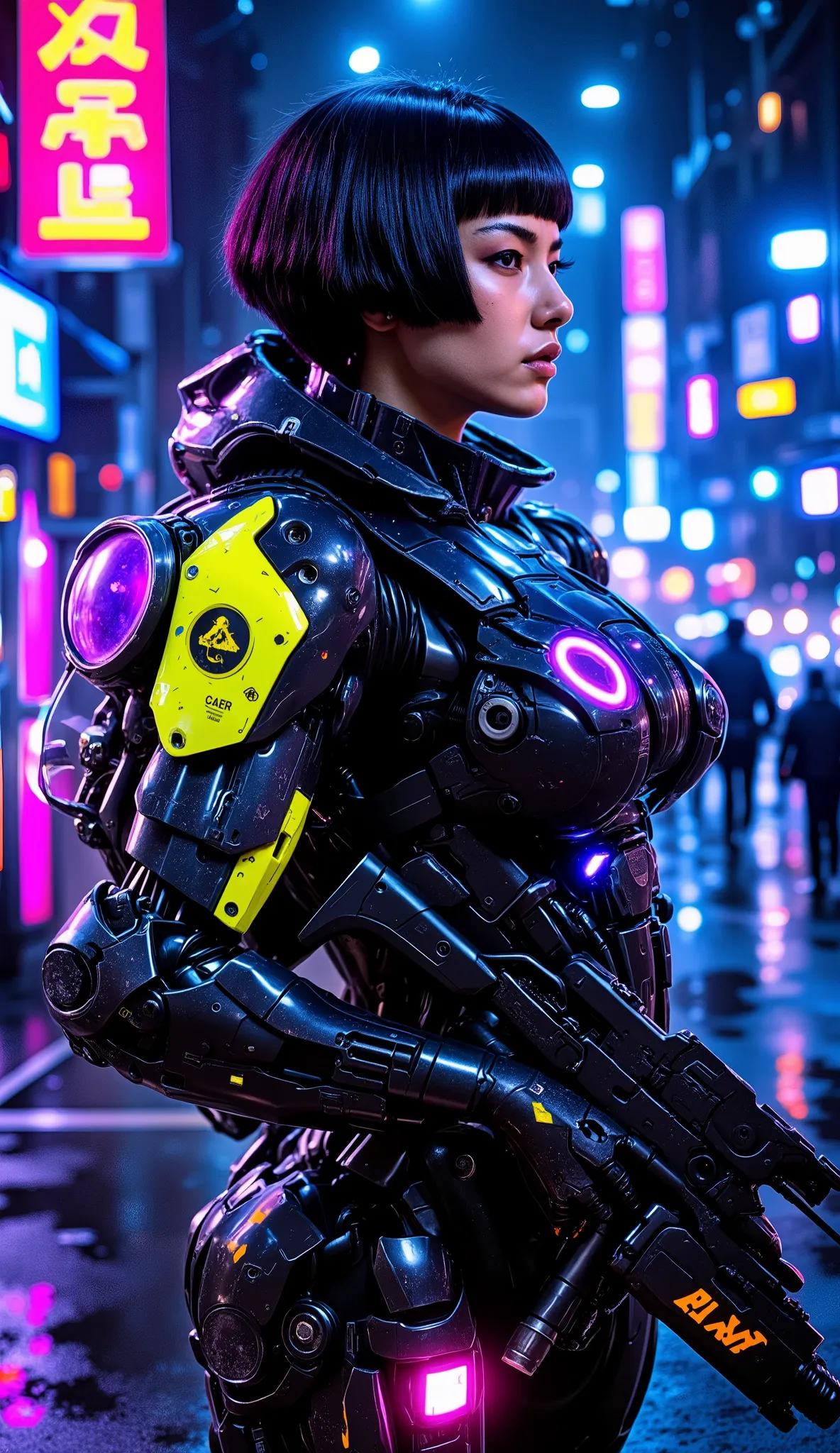 high image quality, high image quality画像,cinematic lighting,A woman in a cyborg suit is standing with a gun,android female soldier,black hair,Bob Cut Shorthair ,Future City, has some fantastic highlights , tech panels and mechanisms . She's standing in a...