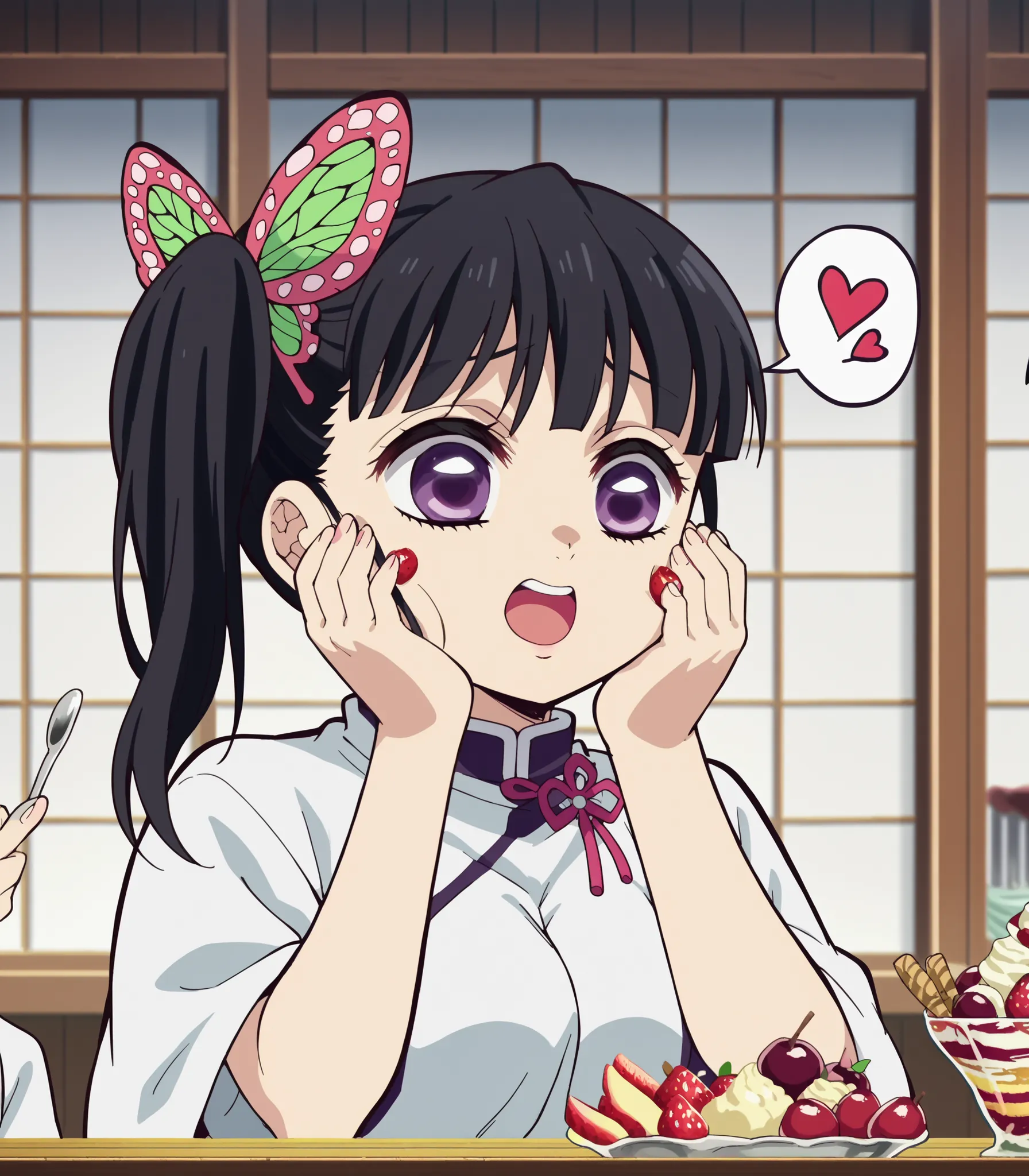 fscore_9, score_8_up, score_7_up, source_anime, Kanao tsuyuri, black hair, butterfly, butterfly hair ornament, purple eyes, side Ponytail, Ponytail, medium breasts, anime screencap, perfection, open your mouth, heart, Food, Sparkling, fruit, happy, place...