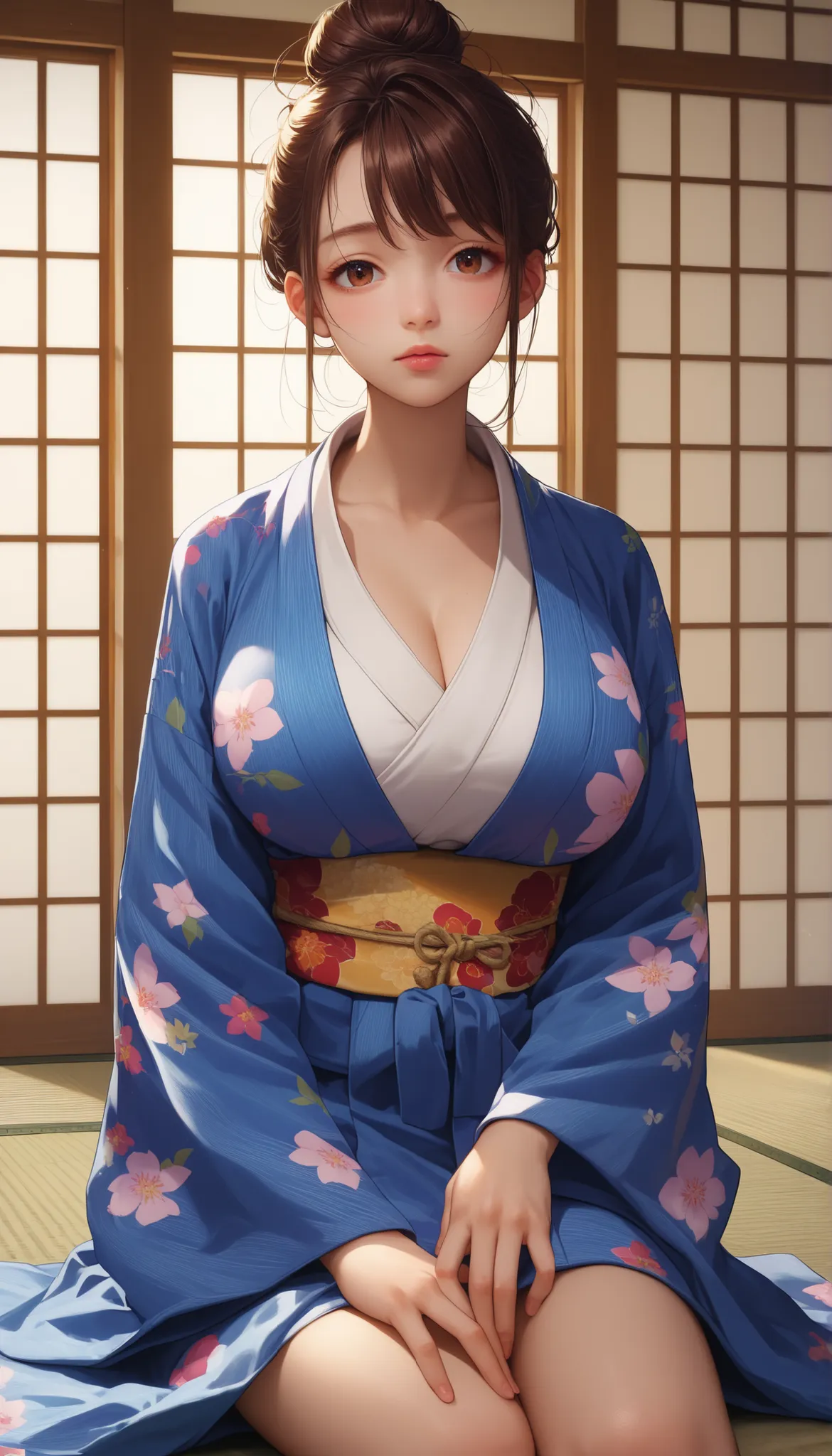 (masterpiece, Highest Quality:1.2), after being played in high definition, anime screenshot, ANIMATION COLORING, Girls around their necks, alone, Chitose_  Yuki's   _v1,  hair, 短いhair, Bangs, hair Bun, single hair Bun, brown eyes, Bigger Breasts in Bikinis...