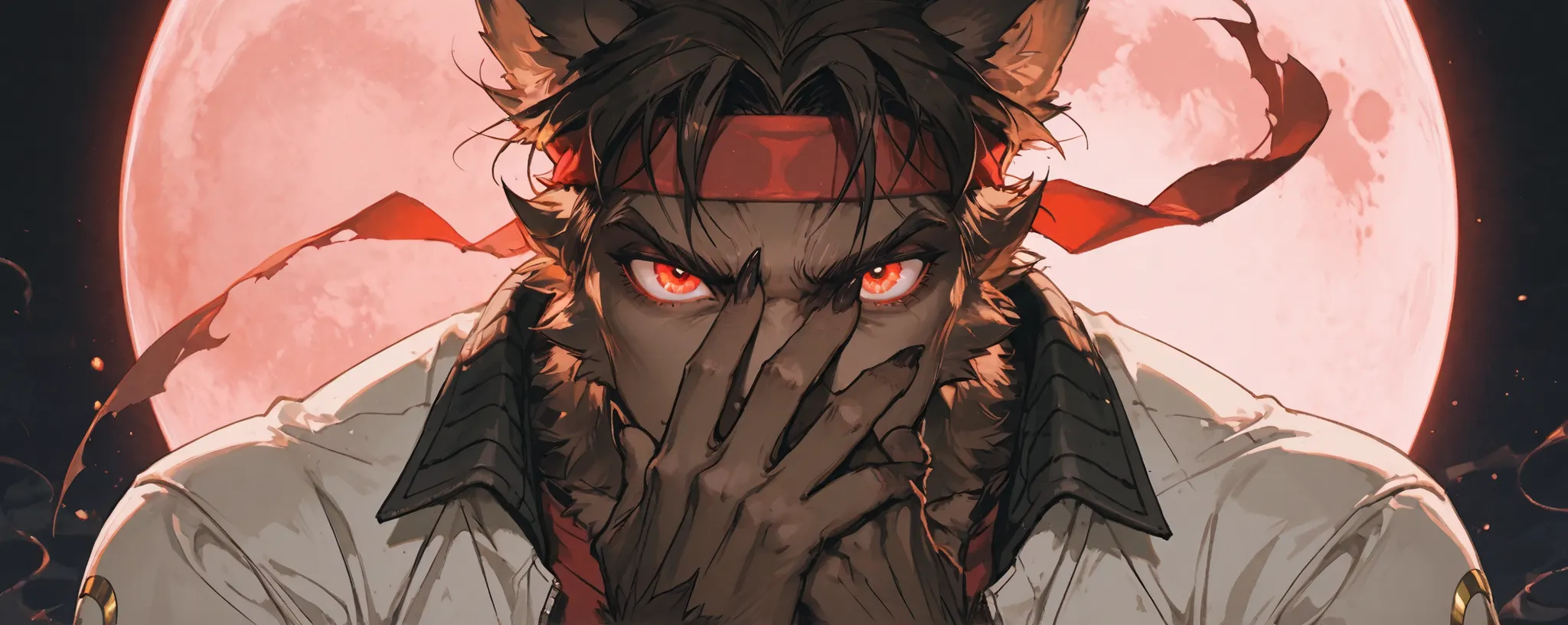 , A muscular humanoid werewolf wearing a torn white and gray varsity jacket with gold accents, red shirt underneath, He has glowing yellow eyes, brown fur, clawed hands, and a red headband stylized in a vibrant, n the background, a small red full moon shin...