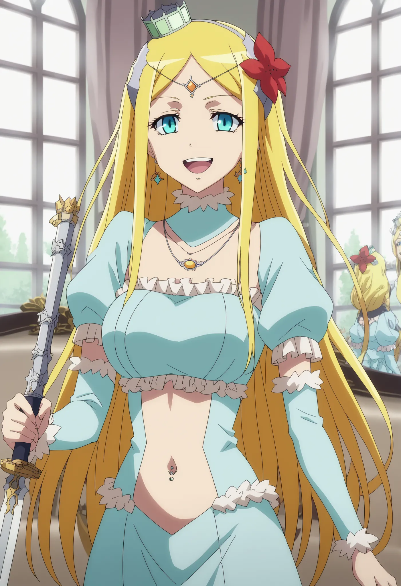 score_9, score_8_up, score_7_up, source_anime,
rennertheierechardelonrylevaiself, 
renner theiere chardelon ryle vaiself, long hair, blue eyes, blonde hair, hair ornament, very long hair, flower, hair flower, smile, evil smile, evil grin,
long sleeves, dre...