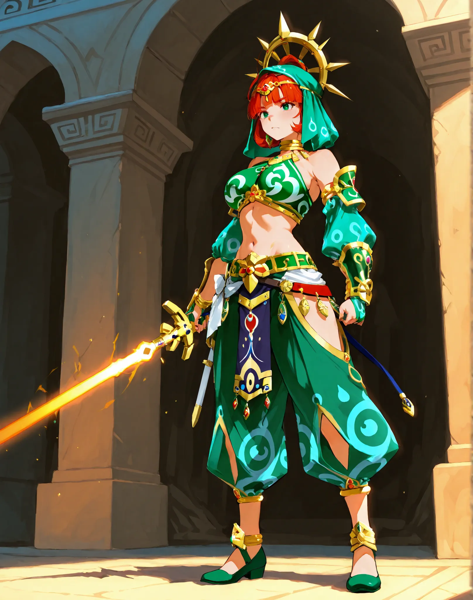 score_9, score_8_up, score_7_up, solo, masterpiece, 1girl, gerudo woman race, standing, large breasts, full body, sacred sword like an arab saber, ((the sword of Thunder has detailed handguard ornaments with Platinum and thunders)), emeralds on pommel