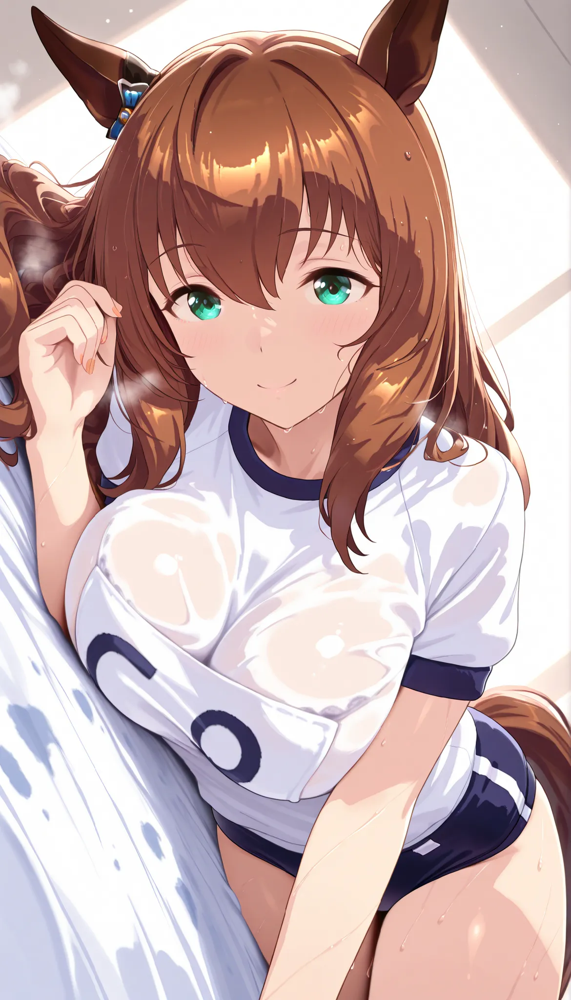 masterpiece, score_9, score_8_up, score_7_up, anime, pinup, Max Masterpiece, perfect eyes, perfect face, best quality, high resolution, 1girl,maruzensky \(umamusume\), large breasts, buruma, (navy buruma:1.3), lying, Prone, front view, bust shot, smile, we...